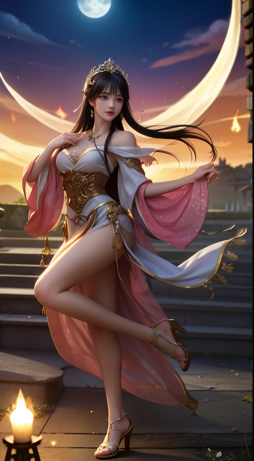 The tantric priestess wears a long, bata suelta, Made of white cotton, que cae hasta sus pies. La tela fluye con gracia alrededor de su cuerpo, Allow complete freedom of movement during your spiritual practices. A medida que se mueve, La bata se balancea suavemente, creating an ethereal and delicate effect. Her dark hair is tied in a low bun, adorned with fresh flowers and small silver brooches. El aroma de las flores se desprende sutilmente, adding a sense of purity and freshness to the environment. Alrededor de su cuello, The tantric priestess wears a necklace of wooden beads, that emits a warm and earthly energy. On the wrists and ankles, Wear bracelets and bracelets also made of wood or precious stones, that symbolize their connection to nature and their focus on harmony and balance. En su mano, holds a small bowl made of bronze, lleno de agua pura y fresca. --auto