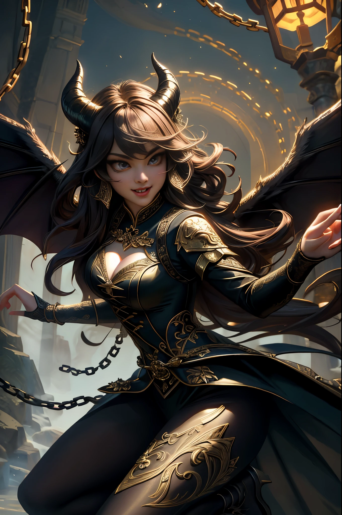 (Best quality, Masterpiece:1.2), 超高分辨率, Front lighting, intricately details, Exquisite details and textures, (Beautiful detailed eyes), (Beautifully detailed face), (Detailed skin:1), absurderes, Cinematic lighting, Dynamic Angle, Dynamic pose, Soft shadows,
A succubus in a tights, Horns, poison fangs, Seductive pose,
Chains, whips, Fire,
Hell scenery,Normal chest,Spread demon wings