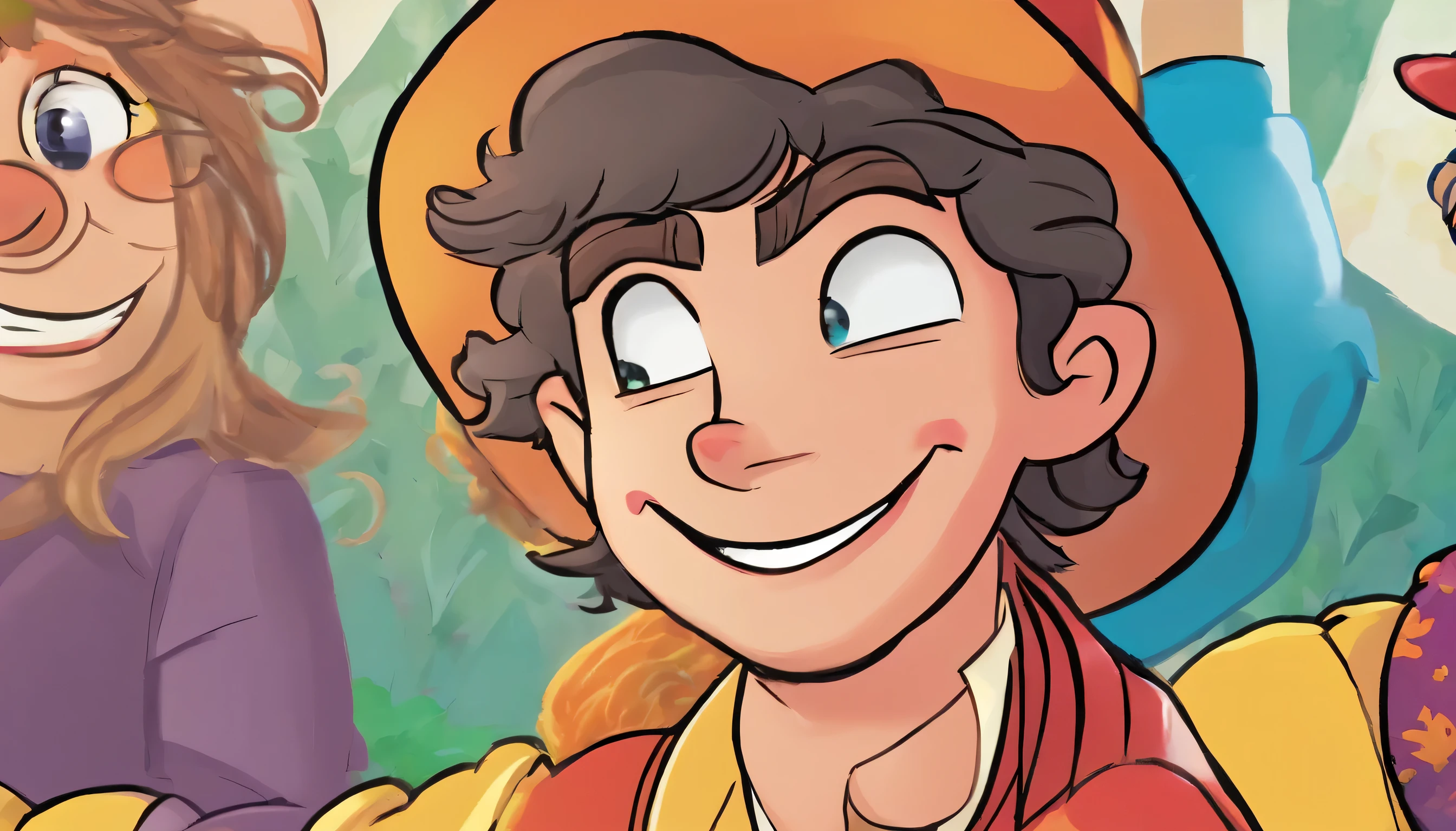 Pippin features a wide, friendly grin with rosy cheeks and bright, expressive eyes. His eyes have a playful spark, and he sports distinctive eyebrows that convey mischievousness. Pippin's nose is small and button-like, contributing to his whimsical appearance. His lips are curved into a smile, reflecting a joyful and mischievous expression. The puppet's hair is curly, covering his ears and neck, offering an animated and lively look. Pippin is clean-shaven without any facial hair. He is not wearing a clown cap or any additional accessories.