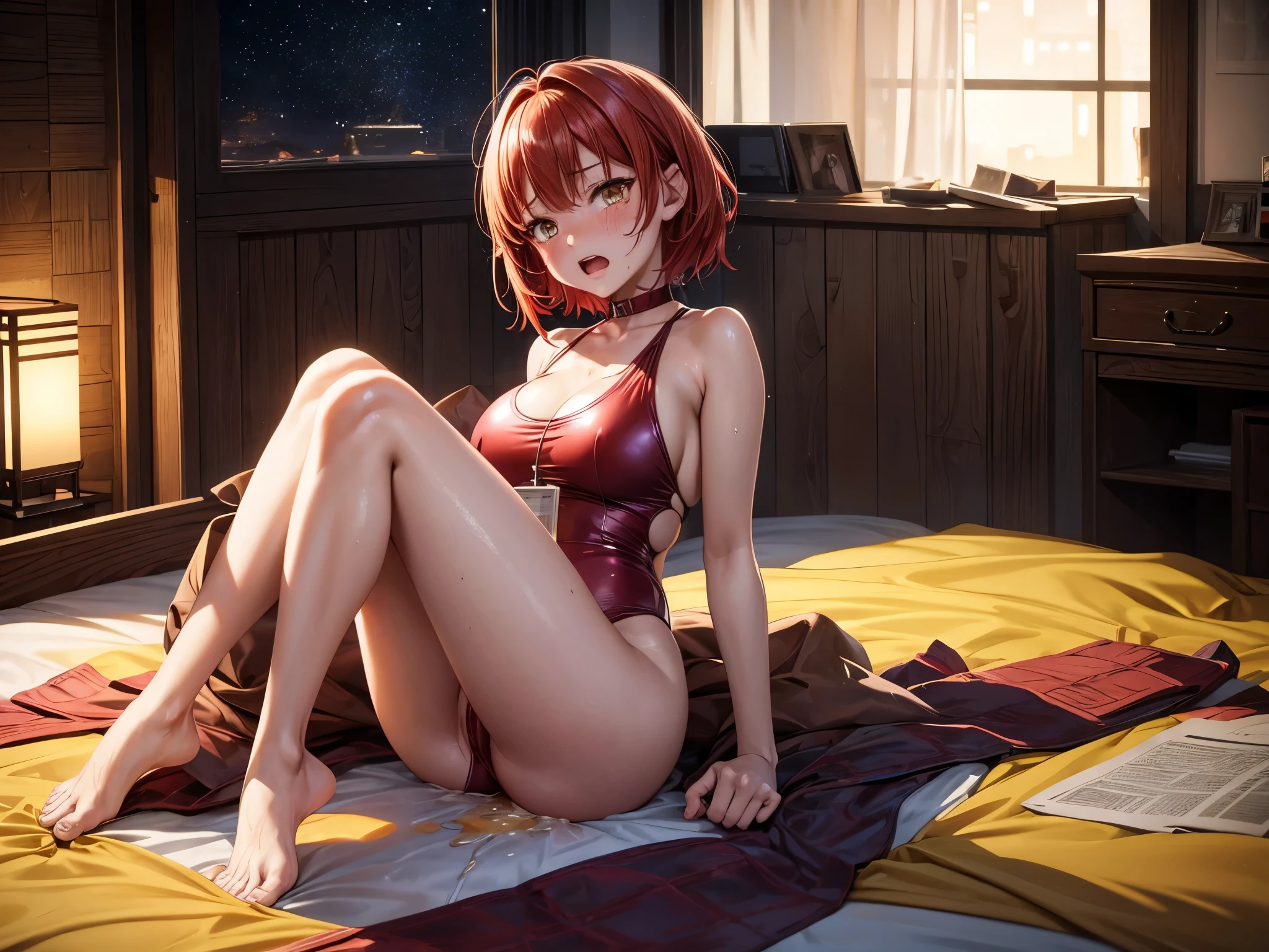 Anime girl school one-piece swimsuit, short red hair, yellow eyes, sitting on sofa, cute bedroom, cozy, blush, horny, cum in pussy, cum from pussy, wet pussy, big breasts, torn swimsuit, masterpiece, cum, realistic, realistic skin texture, oiled skin, wet skin, high detailed, realistic light, insanely detailed, opened mouth, crying, angry, 8k, one girl, full body, skinny body.