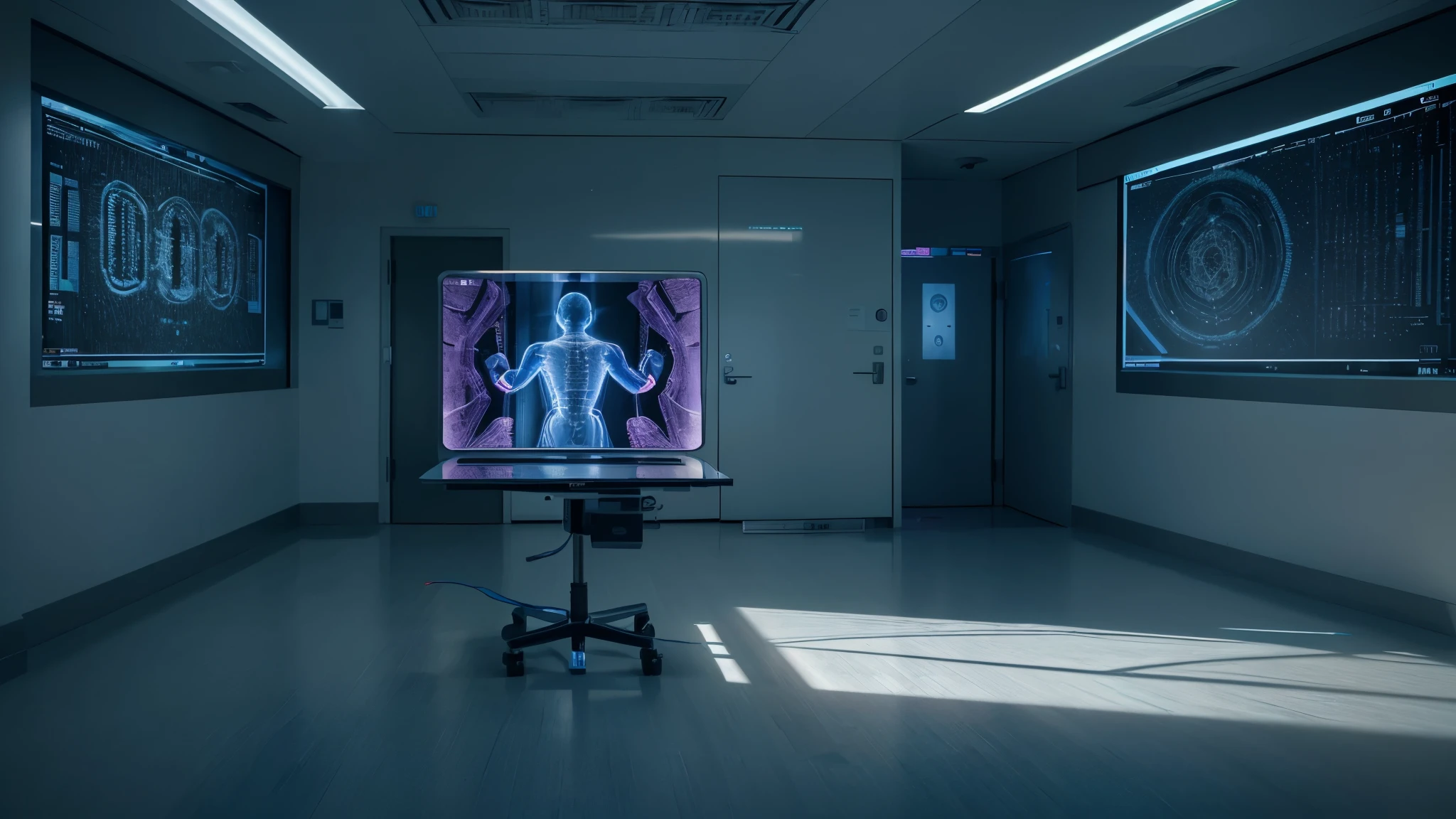 digital art, hologram, X-ray, radiology room, medical technilogy , hospital landscape, neural network, knee-up doctor with tablet , reflaction, masterpiece, 32k UHD resolusion, high quality, professional photography, 135mm, wide angle