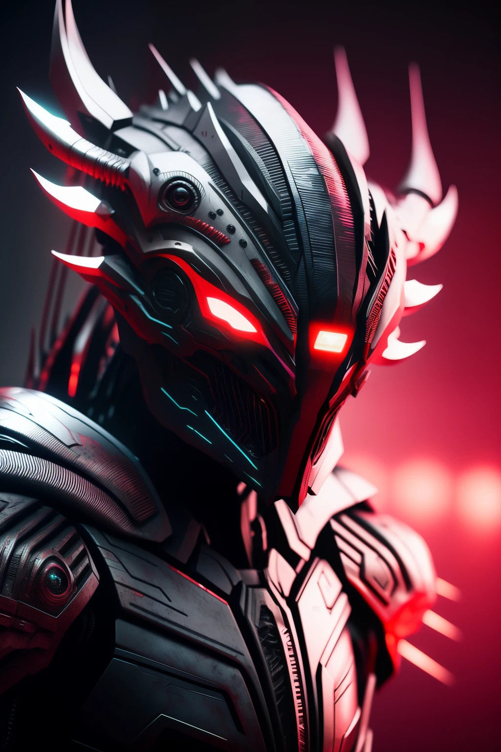 A predator alien with a LED eye helmet in a cybergunk 2050 style, gray texture dominating his body, but with red color highlights accentuating his menacing features. His body is set against a purple gradient background, creating a stark contrast. The cinematic image is captured in high definition 4k, with vivid colors and extreme realism. Every detail on the alien's body is sharply defined, from the intricate patterns on his armor to the grooves and ridges on his skull. The sharp contrast between the dark gray texture and the vibrant red highlights pops, making for a stunning and photorealistic photo.