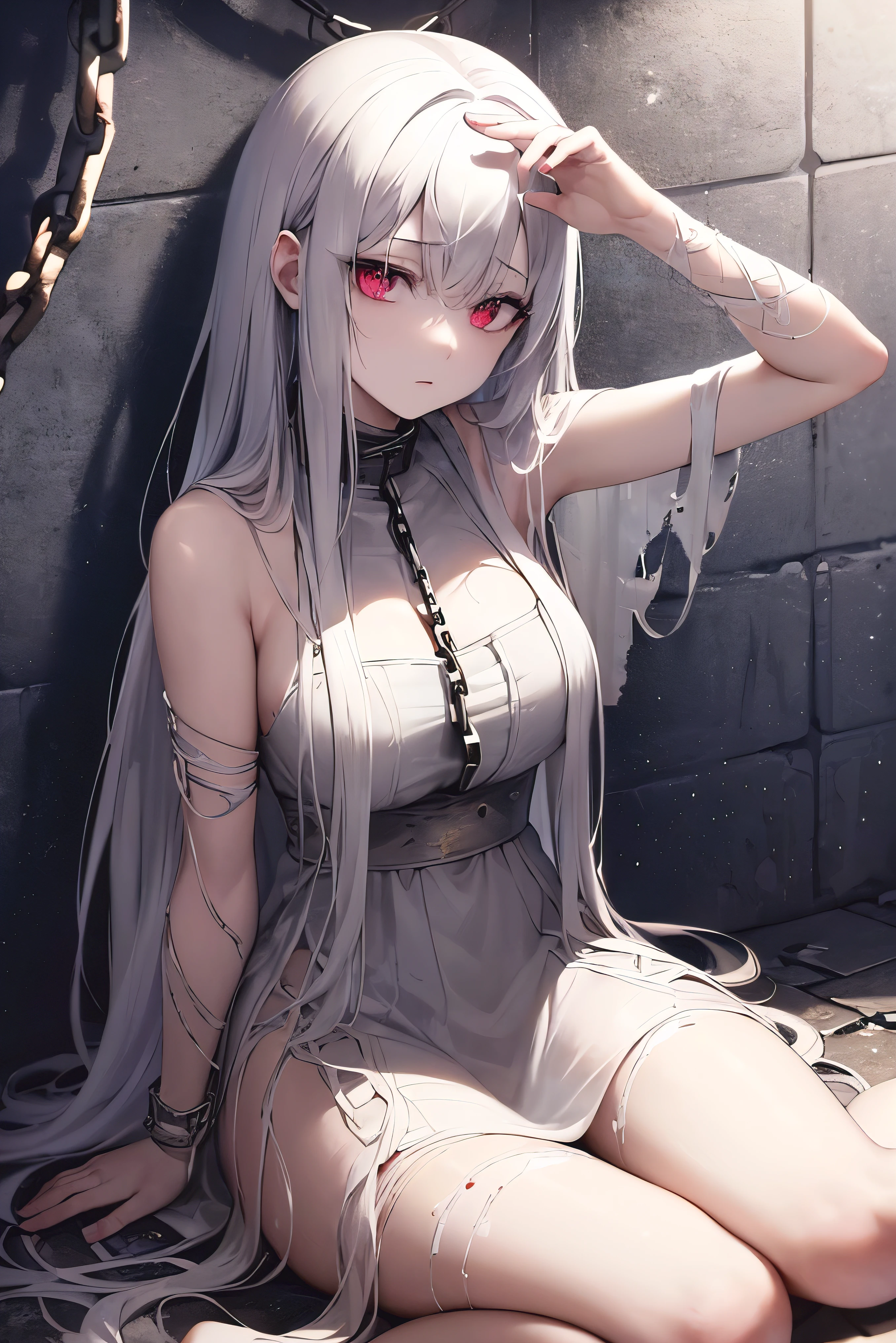 (Uhd, Masterpiece, Textured Skin, Super Detail, High Details, High Quality, Best Quality), 1Girl, Pale skin, deep red eyes, (tattered clothes, frayed clothes), white clothes, (Sad look), long white hair, pale hair , sitting on the ground. ((Trapped by chains, in a prison cell)), Hands down