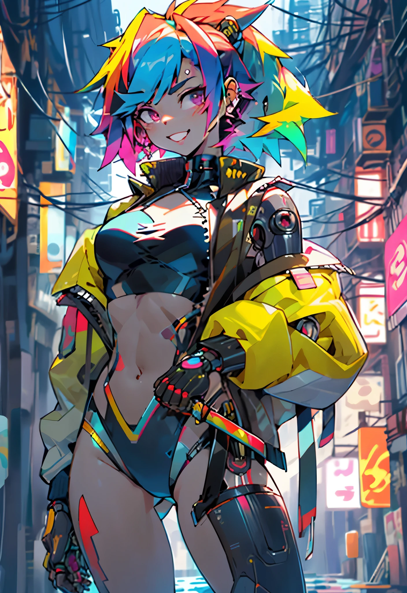 1, no clube, Estilo cyberpunk, rainbow hair, sorriso maldoso, segurando uma katana, High cut swimsuit, pupilas amarelas,, cybernetic skin, jaqueta samurai