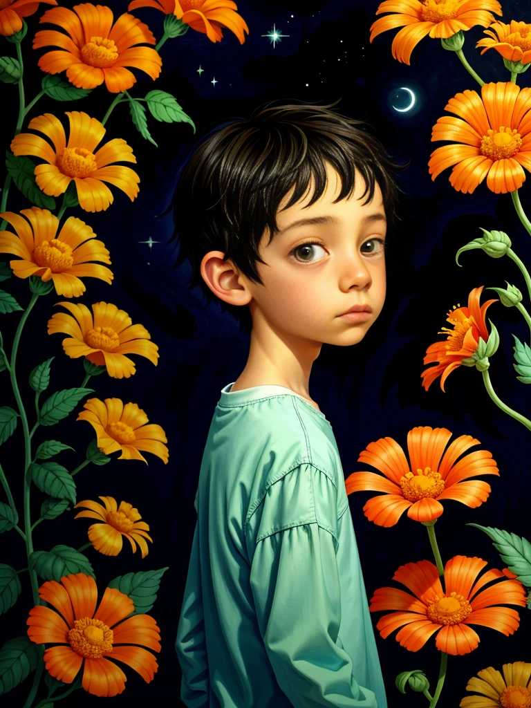 Neo surrealism, whimsical art, painting, fantasy, magical realism, bizarre art, pop surrealism, inspired by Gabriel Pacheco and Max Ernst. Create an painting of a an evening full of stars in the sky, a stands and looks in wonder at a tall Orange marigolds Flower. His gaze is directed upwards, and the observer is looking sideways at the boy from behind.