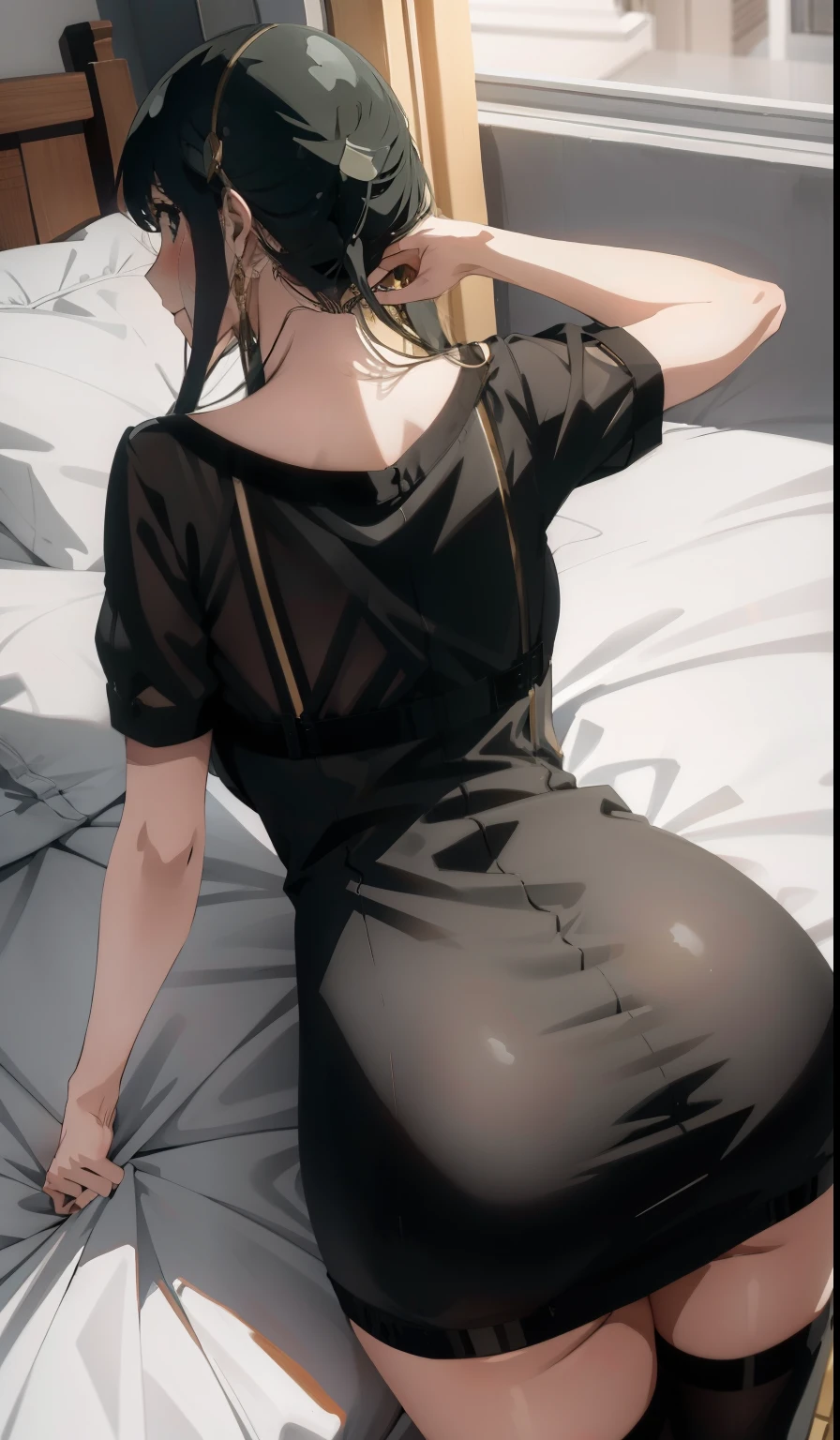 Yor forger from spy x family, smiling, (LAYING ON BED SHOWING HER ASS :1.3), (CLOSE-UP AT ASS :1.3), wide hips, Big , big ass, (Best Quality, 8k, Masterpiece: 1.3), Clear Focus: 1.2, Perfect Body Beauty: 1.4, Slender Abs: 1.2, Highly detailed face and skin texture, detailed eyes, (high waist thong), high heels, back view, Wearing TRANSPARENT swimsuit, golden ear rings, at nightclub