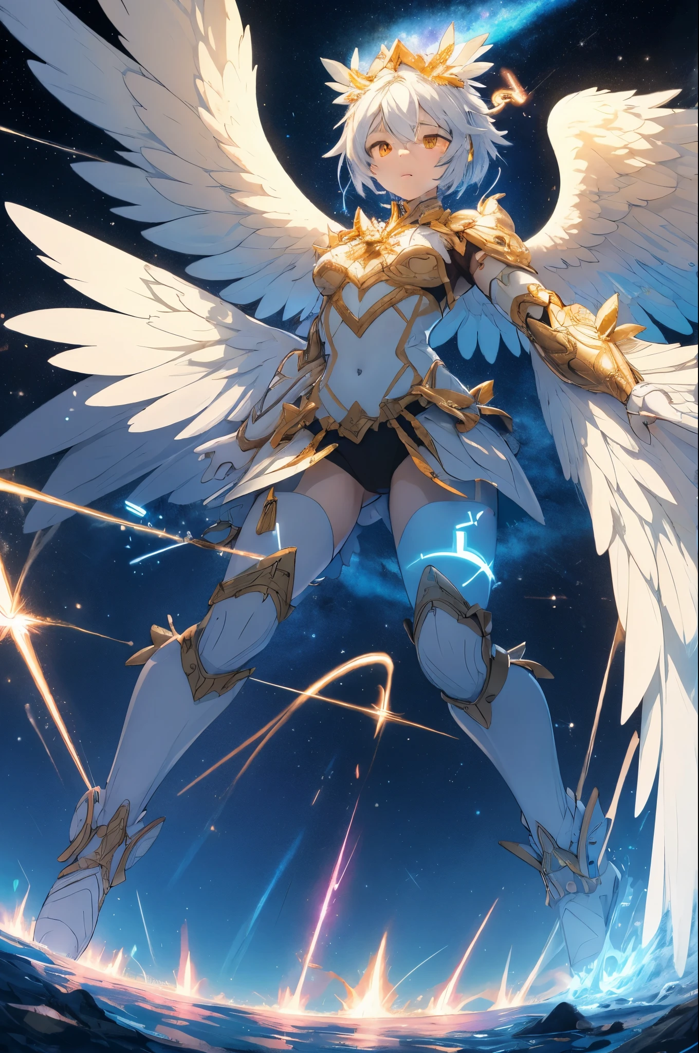 (masterpiece), (best quality:1.4), absurdres, [:intricate details:0.2], angel, angel wings, milky way, sky, shimmering aura, intense focus, crackling energy, mysterious symbols, sparkling motes,
