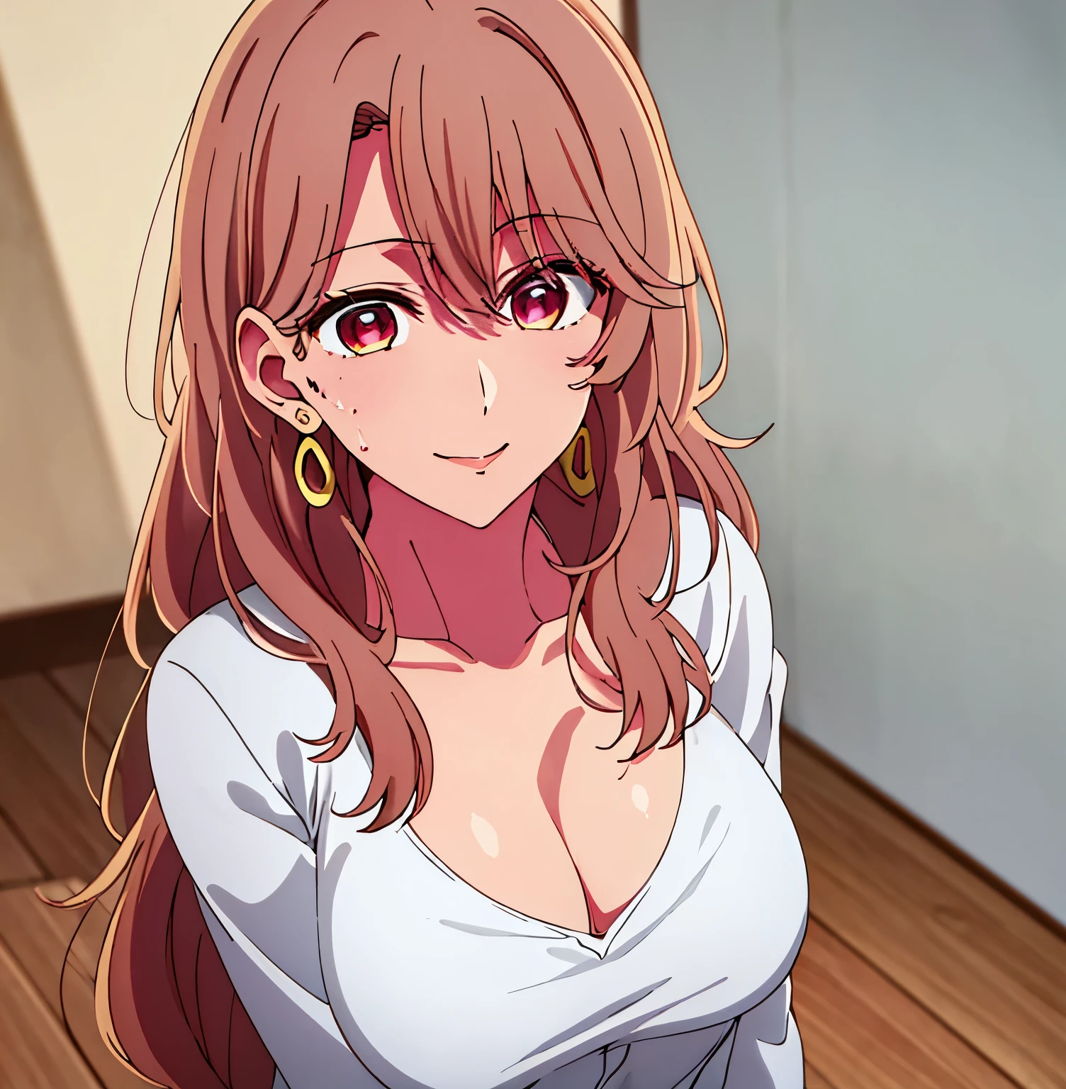 1girl, alone, miyako saitou,(White_jacket),(red bra),(Deep_cleavage), long_sleeves,jewelry,collarbone, earrings,open_clothes,pink eyes,light_brown hair,eyebrows_visible_through_hair,bangs1 girl, 20yo,Young female,Beautiful Finger,Beautiful long legs,Beautiful body,Beautiful Nose,Beautiful character design, perfect eyes, perfect face,expressive eyes,perfect balance,looking at viewer,(Focus on her face),closed mouth, (innocent_big_eyes:1.0),Light_Smile,official art,extremely detailed CG unity 8k wallpaper, perfect lighting,Colorful, Bright_Front_face_Lighting,shiny skin,smile,(masterpiece:1.0),(best_quality:1.0), ultra high res,4K,ultra-detailed,8K, HDR, highres, absurdres:1.2, Kodak portra 400, film grain, blurry background, bokeh:1.2, lens flare, (vibrant_color:1.2),professional photograph,
(Beautiful,large_Breasts:1.4), (beautiful_face:1.5),(narrow_waist), excellent hands, excellent anatomy ,full body, looking at viewer, pov (from above)