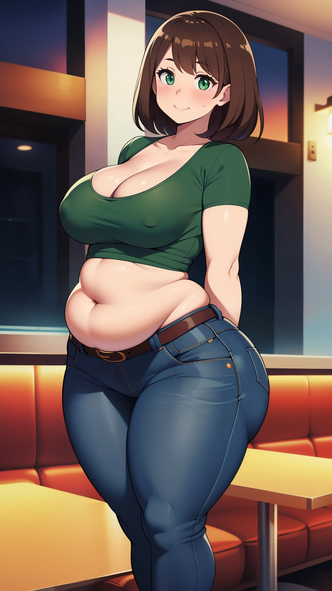 ((highres)), Masterpiece, high quality, best quality, beautiful, perfect lighting, detailed face, ultra cute face, looking at viewer, on a date, ((blush)), affectionate smile, ((1girl)), ((solo)), brown hair, fluffy hair, green eyes, jeans, crop top, tight clothes, fast food restaurant, medium breasts, cleavage, wide hips, ((thick thighs)), ((chubby)), chubby belly, standing, arms behind back, leaned over, cute pose,