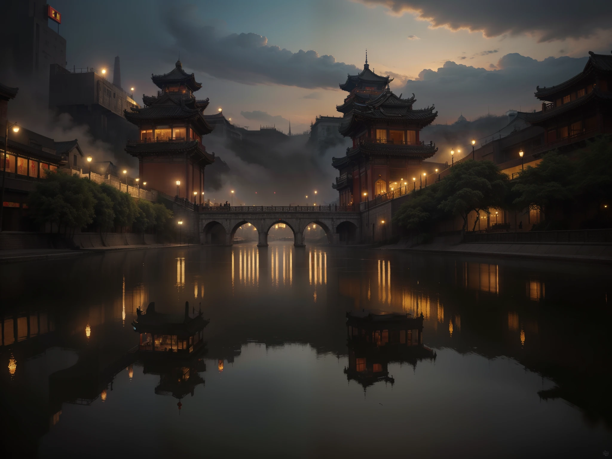 an oil painting of a city in the hell of China, imagination of a chinese city in Hell, dark scene, highly detailed, high details, more_details:1.5, masterpiece,