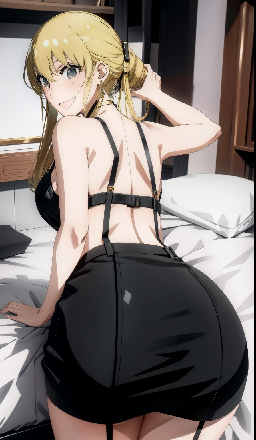Yor forger from spy x family, smiling, (LAYING ON BED SHOWING HER ASS :1.3), (CLOSE-UP AT ASS :1.3), wide hips, Big , big ass, (Best Quality, 8k, Masterpiece: 1.3), Clear Focus: 1.2, Perfect Body Beauty: 1.4, Slender Abs: 1.2, Highly detailed face and skin texture, detailed eyes, (high waist thong), high heels, back view, Wearing TRANSPARENT LINGERIE, golden ear rings, at nightclub