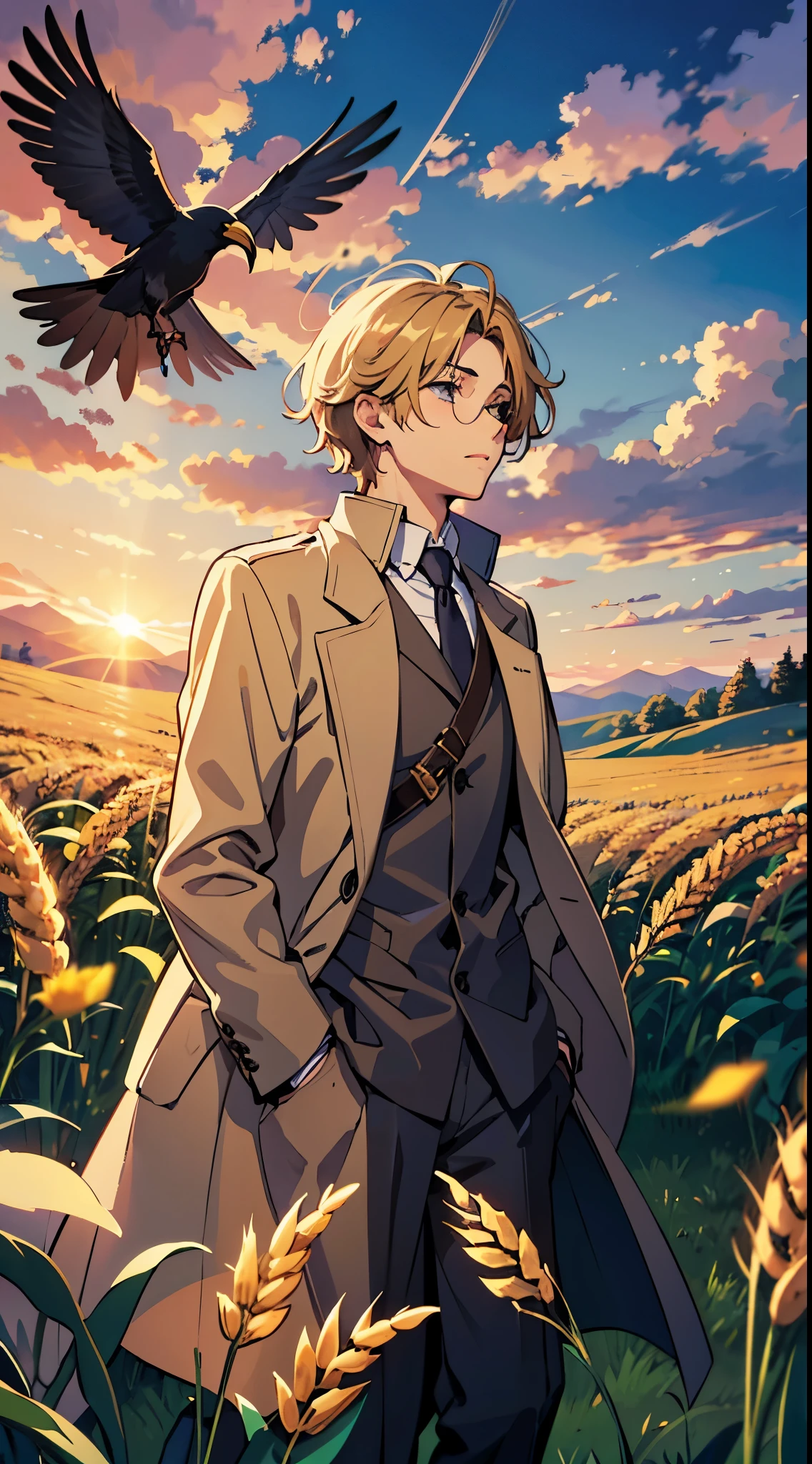 a cute boy with wind-swept hair wearing a dark coat and white shirt, standing in a field of golden wheat and yellow flowers under a bright sky, with a crow perched on their shoulder, masterpiece, cinematic angle, dynamic framing, cel-shaded anime style, comic style, cartoon style