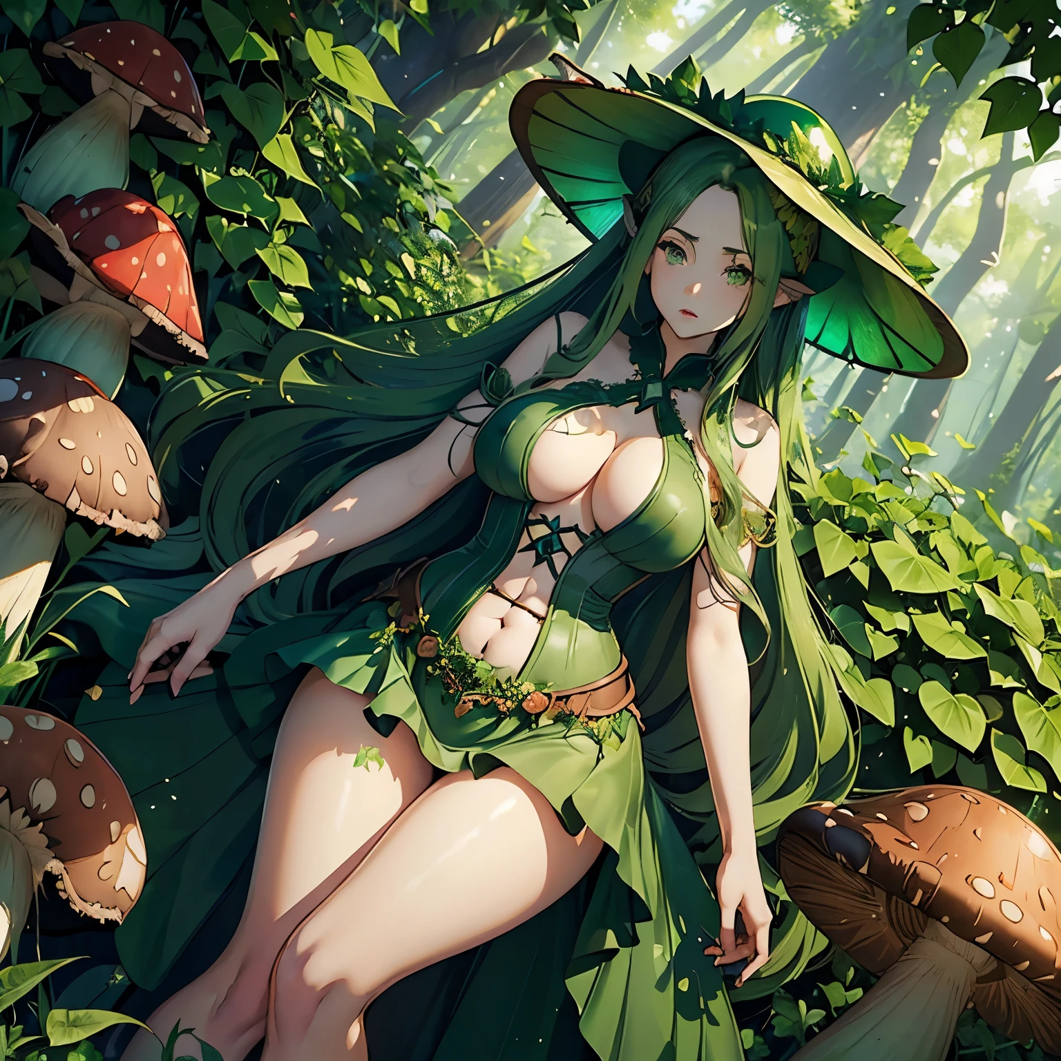 ((Female wood nymph)) ((green hair)) ((long hair)) (((green eyes))) ((ivy leaf)) ((leaf cover breast)) ((large breast)) ((green skirt covers private)) ((hourglass figure)) ((wide hips)) ((outside background)) ((mushroom hat))