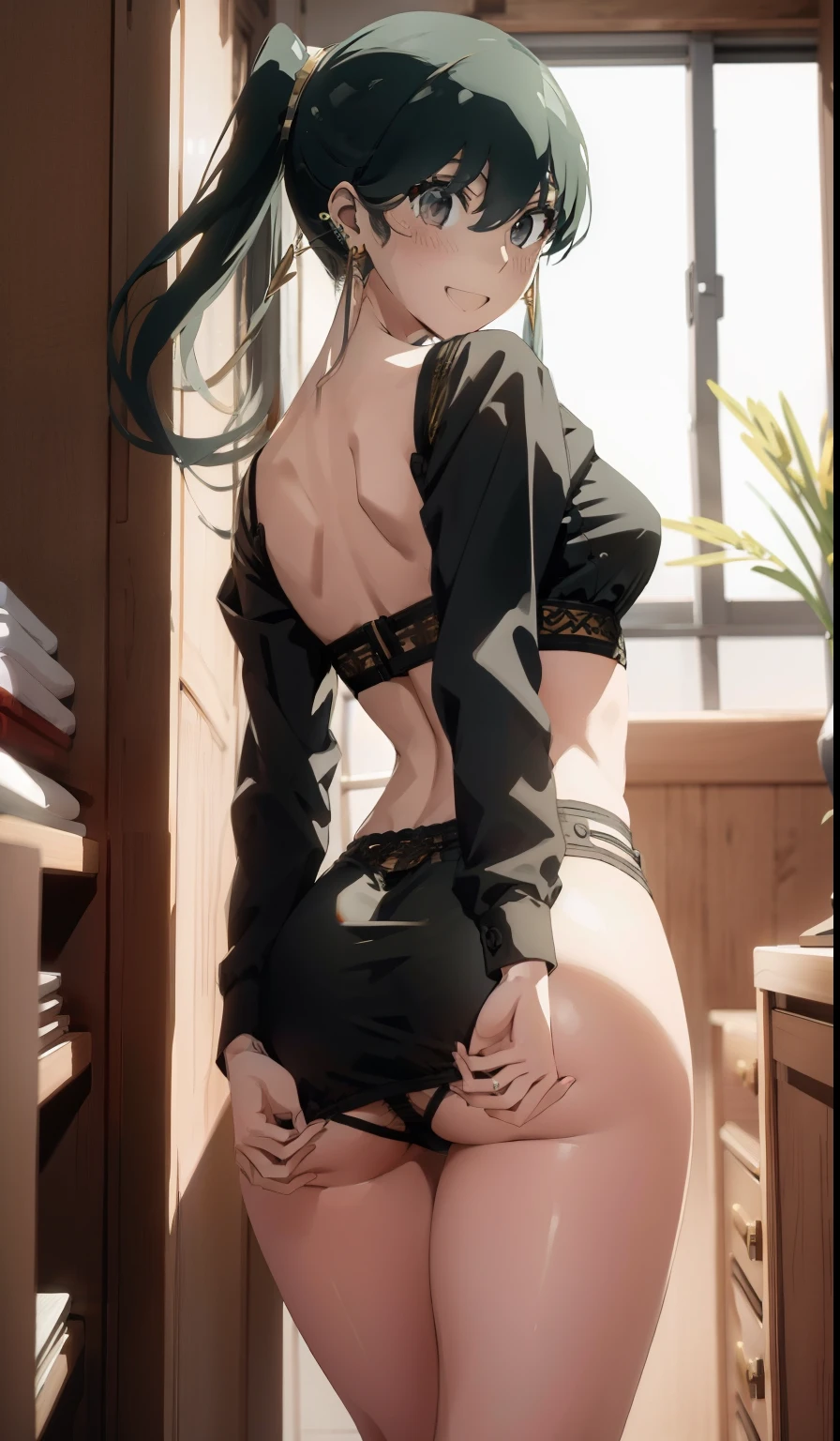 Yor forger from spy x family, smiling, (BENDING OVER ON 4 LIMBS SHOWING HER ASS :1.3), (CLOSE-UP AT ASS :1.3), wide hips, Big , big ass, (Best Quality, 8k, Masterpiece: 1.3), Clear Focus: 1.2, Perfect Body Beauty: 1.4, Slender Abs: 1.2, Highly detailed face and skin texture, detailed eyes, (high waist thong), high heels, back view, Wearing TRANSPARENT LINGERIE, golden ear rings