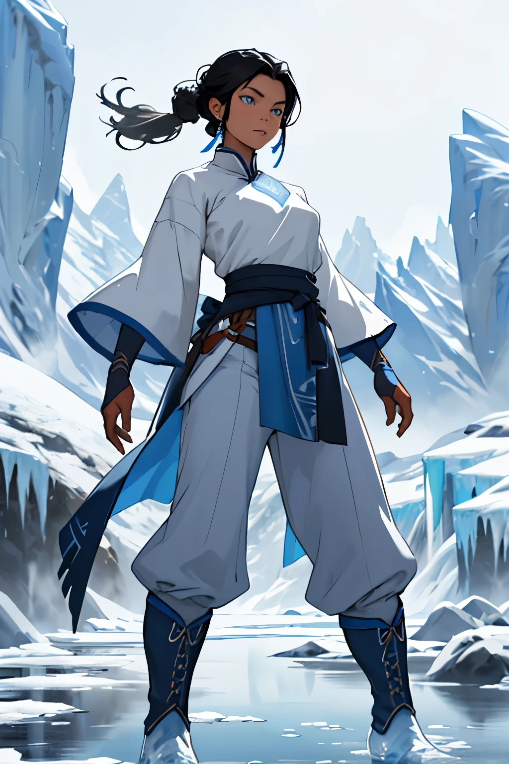 "meticulouslycraftedartwork_v10.0, ng_highquality_v2_99t, subject: a lone woman, a masterpiece set against an intricately detailed background. Striking a martial pose in an ice village, she exudes determination and power, her entire body in focus.

This woman, with a rich, warm cocoa complexion and straight black hair, is adorned in a full ensemble of deep blue and white attire. Wearing a practical pants paired with sturdy boots, she showcases the iconic style of waterbenders from 'Avatar: The Last Airbender.' The clothing, blending shades of blue and white, complements her confident strides over the frozen surface. Her blue eyes reflect the icy landscape as she controls the frozen water beneath her feet.