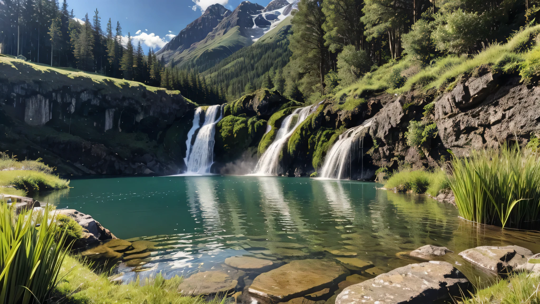 ultra realistic lake scene, waterfall dropping into it, grassy vege leading up to the small lake, clear reflective water, mountains in the back ground