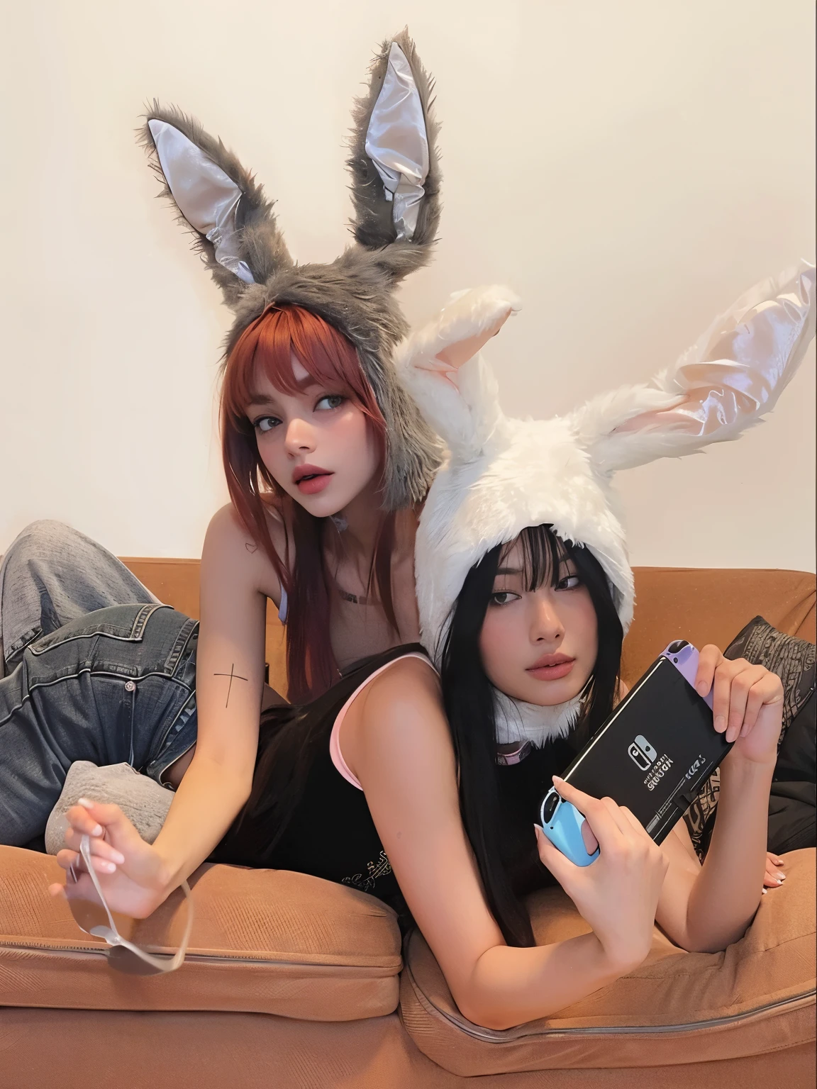 two girls laying on a couch with Orejas de conejo on their heads, con orejas de conejo largas y caídas, with Orejas de conejo, con grandes orejas de conejo, con orejas de conejo, Ayami Kojima y Lyde Caldwell, wearing cybernetic Orejas de conejo, wearing a traje de conejo, conejitopunk, nixeu y sakimichan, Orejas de conejo, pointy Orejas de conejo, traje de conejo