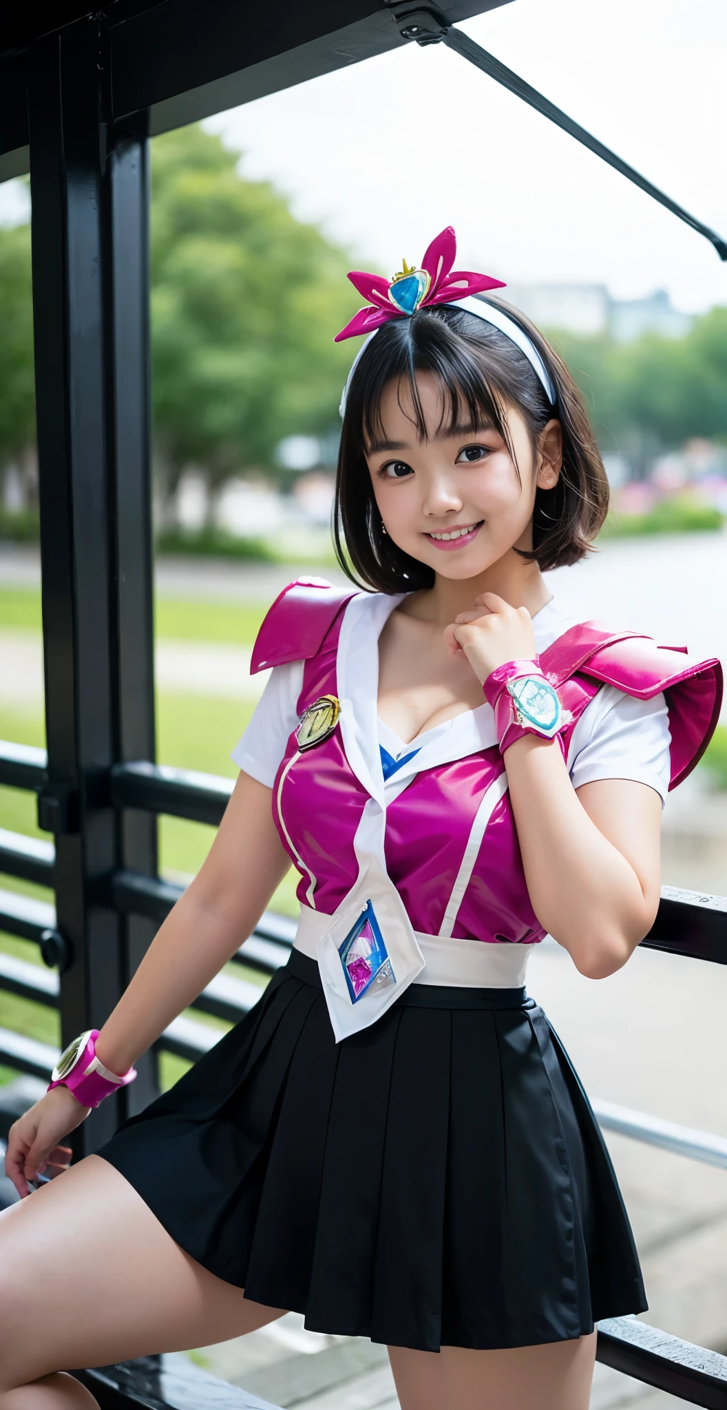 （8K、Raw photography、highest quality、masterpiece：1.2),(black hair、very short hair:1.7),show viewer,Looking at the front,(super sentai series、She is wearing a colorful PreCure series costume...:1.8)、(Clothing that emphasizes the shape of your chest:1.4)、(big breasts :1.4)、slim body shape、ultra high resolution,beautiful,beautiful fece,(alone, alone、no background:1.9),whole bodyボディー,、(black eye、japanese woman: 1.3),（Photoreal：1.37）、photon mapping,reality、(Cute with a : 1.4)、(cute smile: 1.7)、(With a round face: 1.9)、radio city、Physically based rendering、depth of field rally background、photograph, (I can see your knees,close up of thighs、skirt is too short、spread your legs、showing off white panties:1.4),whole body、super fine