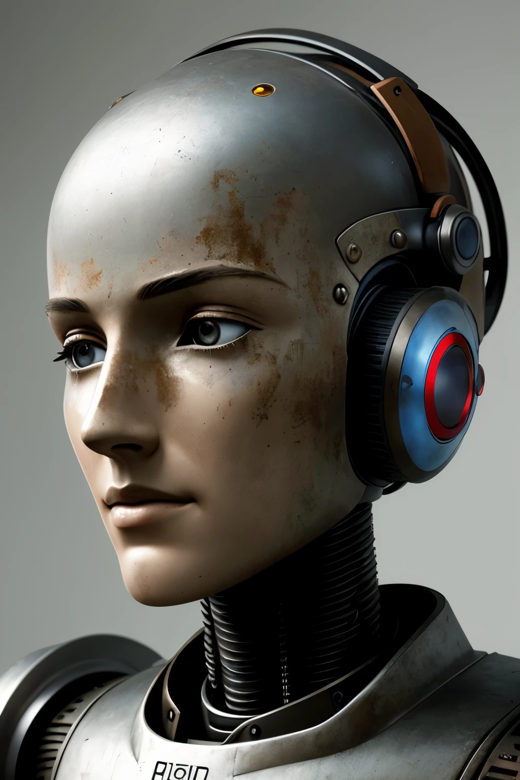 A portrait of an old tin robot with a cardboard box on its head, set against a gray gradient background. includes the following descriptors:
4k: The high-resolution image captures every minute detail on the rusted surface of the tin robot's face.
Cinematic: The low-angle portrait adds a dramatic flair to the scene, evoking a sense of suspense and intrigue.
Portrait: A close-up shot emphasizes the robot's expressive face, bringing its unique character to life.
Ultra realistic: The details on the robot's face are incredibly lifelike, making it difficult to distinguish from a real person.
