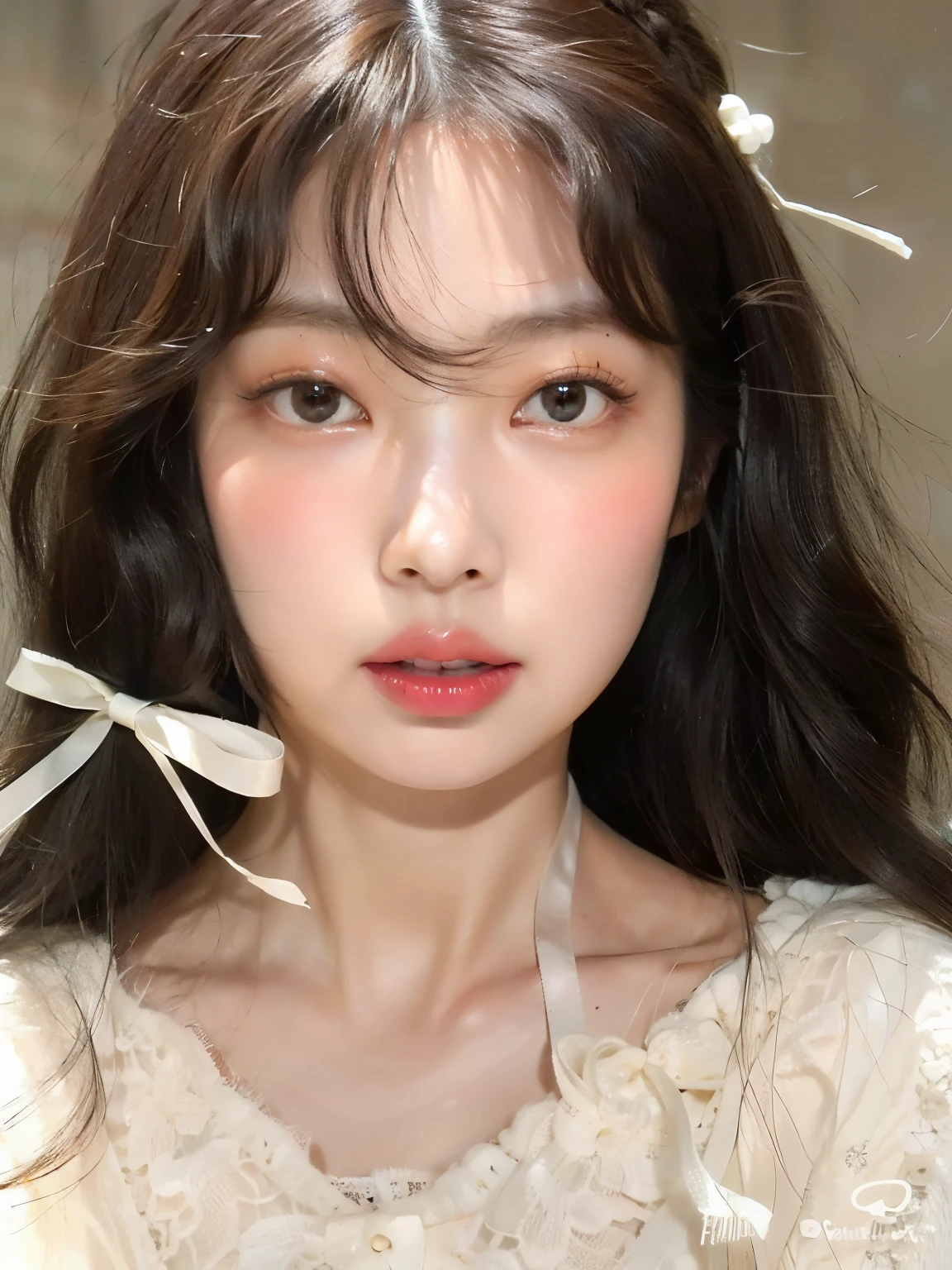 A close-up of a young woman with long hair and a white sweater, ulzzang, sakimichan, maquillaje suave, maquillaje popular de corea del sur, joven y adorable rostro coreano, maquillaje coreano popular, pale milky white porcelain skin, pale korean adorable face, linda cara de anime natural, hermoso rostro estetico, preciosa cara delicada, chica linda-cara-fina