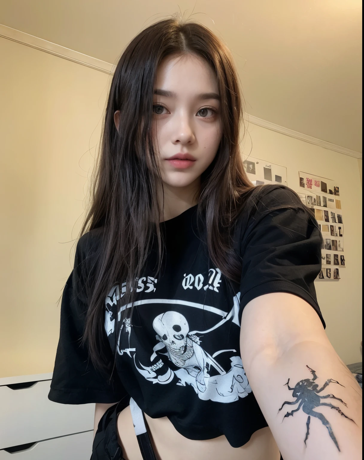 arafed woman with a tattoo on her arm and a spider on her arm, 1 7 - year - old goth girl, goth girl aesthetic, gothic horror vibes, pale goth beauty, with long hair and piercing eyes, 18 years old, goth aesthetic, with pale skin, goth girl, witchcore clothes, anna nikonova aka newmilky, 1 6 years old, joy red velvet