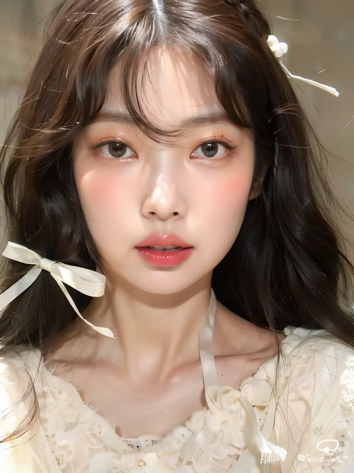A close-up of a young woman with long hair and a white sweater, ulzzang, sakimichan, maquillaje suave, maquillaje popular de corea del sur, joven y adorable rostro coreano, maquillaje coreano popular, pale milky white porcelain skin, pale korean adorable face, linda cara de anime natural, hermoso rostro estetico, preciosa cara delicada, chica linda-cara-fina