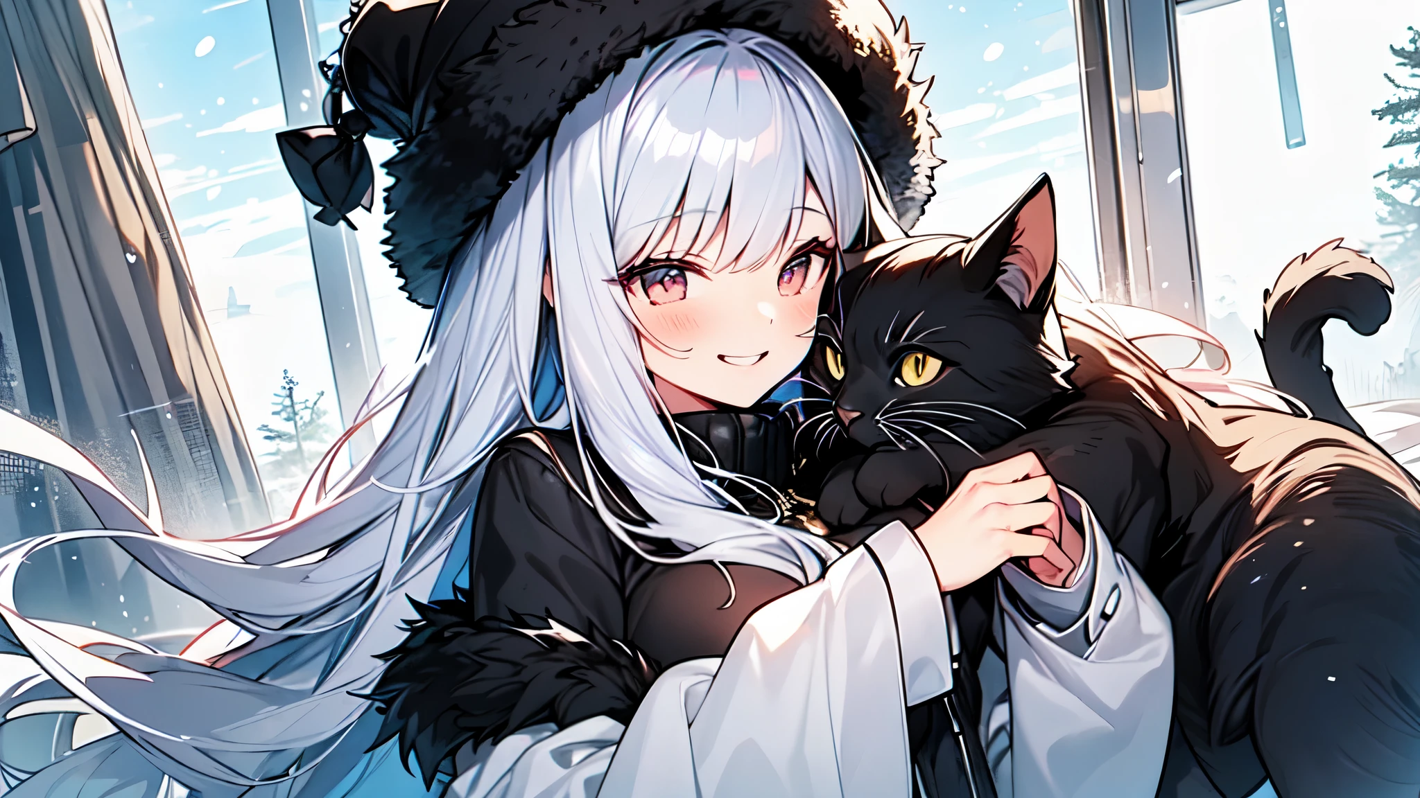 In the midst of snow right,((a fluffy large black cat)), and a girl wearing ((a long coat made of full silver fox fur )), cuddle together for warmth The girl's long pink hair can be seen peeking out from under her fluffy fur hat. The sleeves, collar, and hem of the coat reveal glimpses of a turtleneck mohair sweaterdress.(( The girl smiles brightly)),
