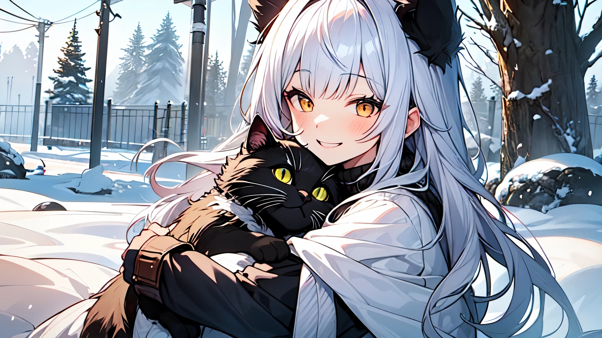 In the midst of snow right,((a fluffy large black cat)), and a girl wearing ((a long coat made of full silver fox fur )), cuddle together for warmth The girl's long pink hair can be seen peeking out from under her fluffy fur hat. The sleeves, collar, and hem of the coat reveal glimpses of a turtleneck mohair sweaterdress.(( The girl smiles brightly)),
