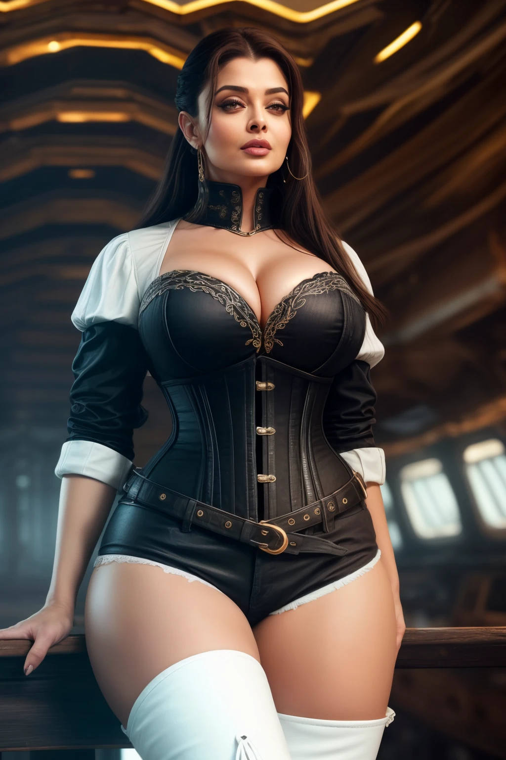 50yo milf Aarya rai as pirate lady, black denim shorts, tight whith corset, ((knee high boots)), mature curvaceous milre, massive cleavaunbuttoned tight shirh ponytail)), posing in ship deck, day scene, mature hourglass figure, look straight era, erotic adult face, 50 yo mature milf body, soumetric lights, intricatels, (Artion:1.2)