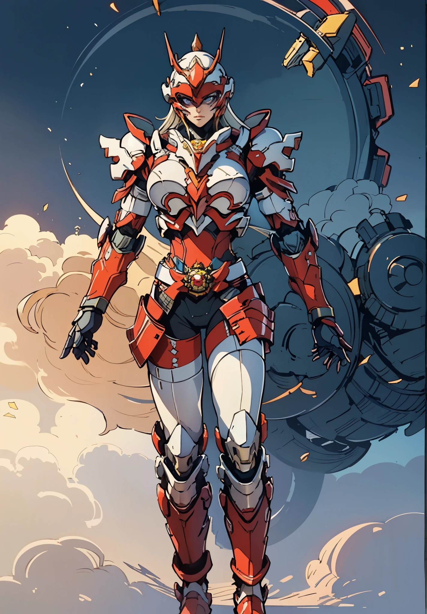 A woman adorned in fantasy-style full-body armor, a crown-concept fully enclosed helmet that unveils only her eyes, a composite layered chest plate, fully encompassing shoulder and hand guards, a lightweight waist armor, form-fitting shin guards, the overall design is heavy-duty yet flexible, the armor gleams with a golden glow, complemented by red and blue accents, exhibiting a noble aura, she floats above a fantasy-surreal high-tech city, this character embodies a finely crafted fantasy-surreal style armored hero in anime style, exquisite and mature manga art style, goddess, femminine, long legs, metallic, elegant, high definition, best quality, highres, ultra-detailed, ultra-fine painting, extremely delicate, professional, anatomically correct, symmetrical face, extremely detailed eyes and face, high quality eyes, creativity, RAW photo, UHD, 32k, Natural light, cinematic lighting, masterpiece-anatomy-perfect, masterpiece:1.5