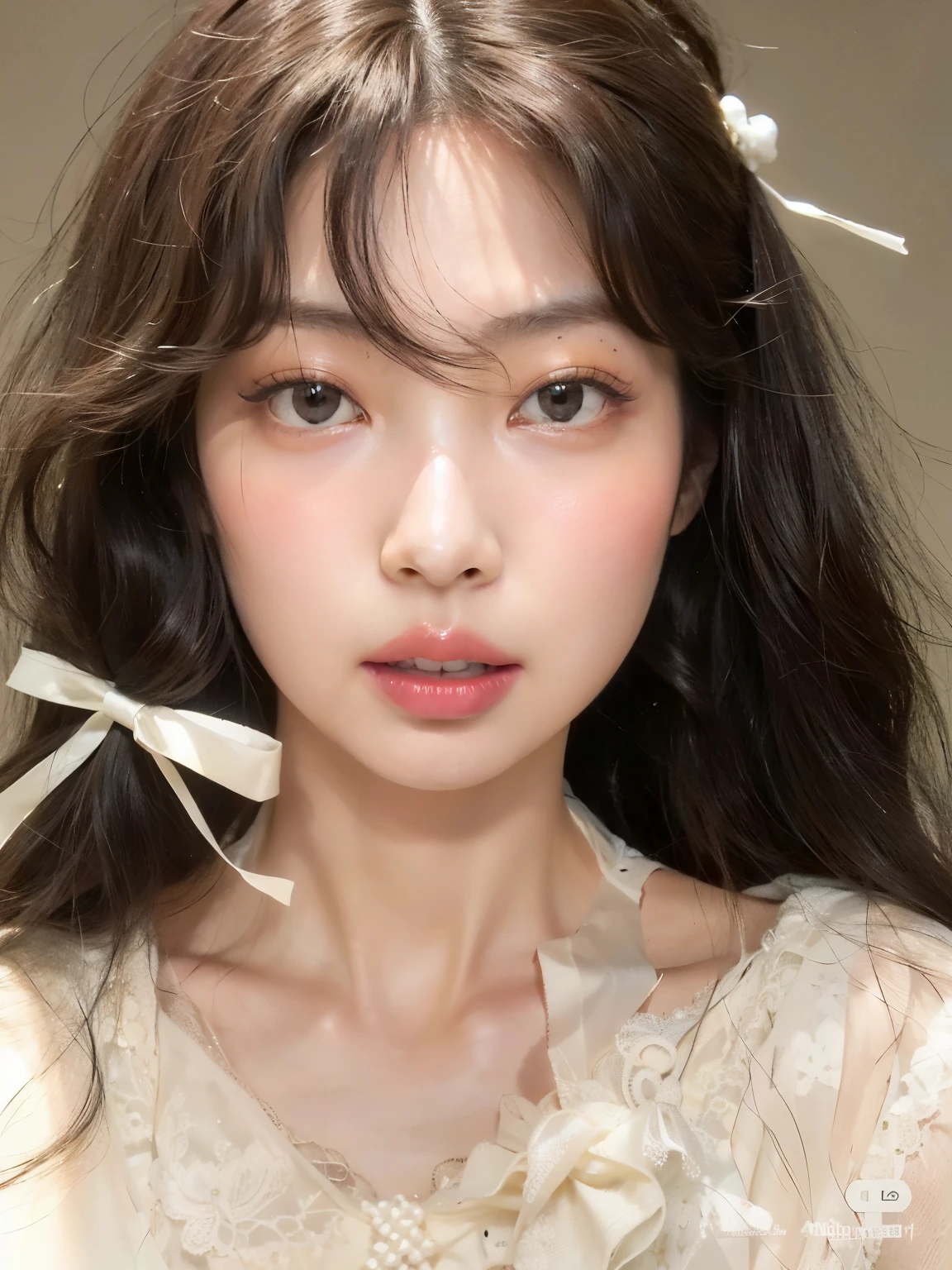 A close-up of a young woman with long hair and a white sweater, ulzzang, sakimichan, maquillaje suave, maquillaje popular de corea del sur, joven y adorable rostro coreano, maquillaje coreano popular, pale milky white porcelain skin, pale korean adorable face, linda cara de anime natural, hermoso rostro estetico, preciosa cara delicada, chica linda-cara-fina