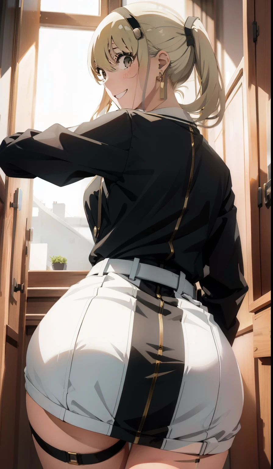Yor forger from spy x family, smiling, (BENDING OVER ON 4 LIMBS SHOWING HER ASS :1.3), (CLOSE-UP AT ASS :1.3), wide hips, Big , big ass, (Best Quality, 8k, Masterpiece: 1.3), Clear Focus: 1.2, Perfect Body Beauty: 1.4, Slender Abs: 1.2, Highly detailed face and skin texture, detailed eyes, (high waist thong), high heels, back view, WEARING BASEBALL DRESS, golden ear rings