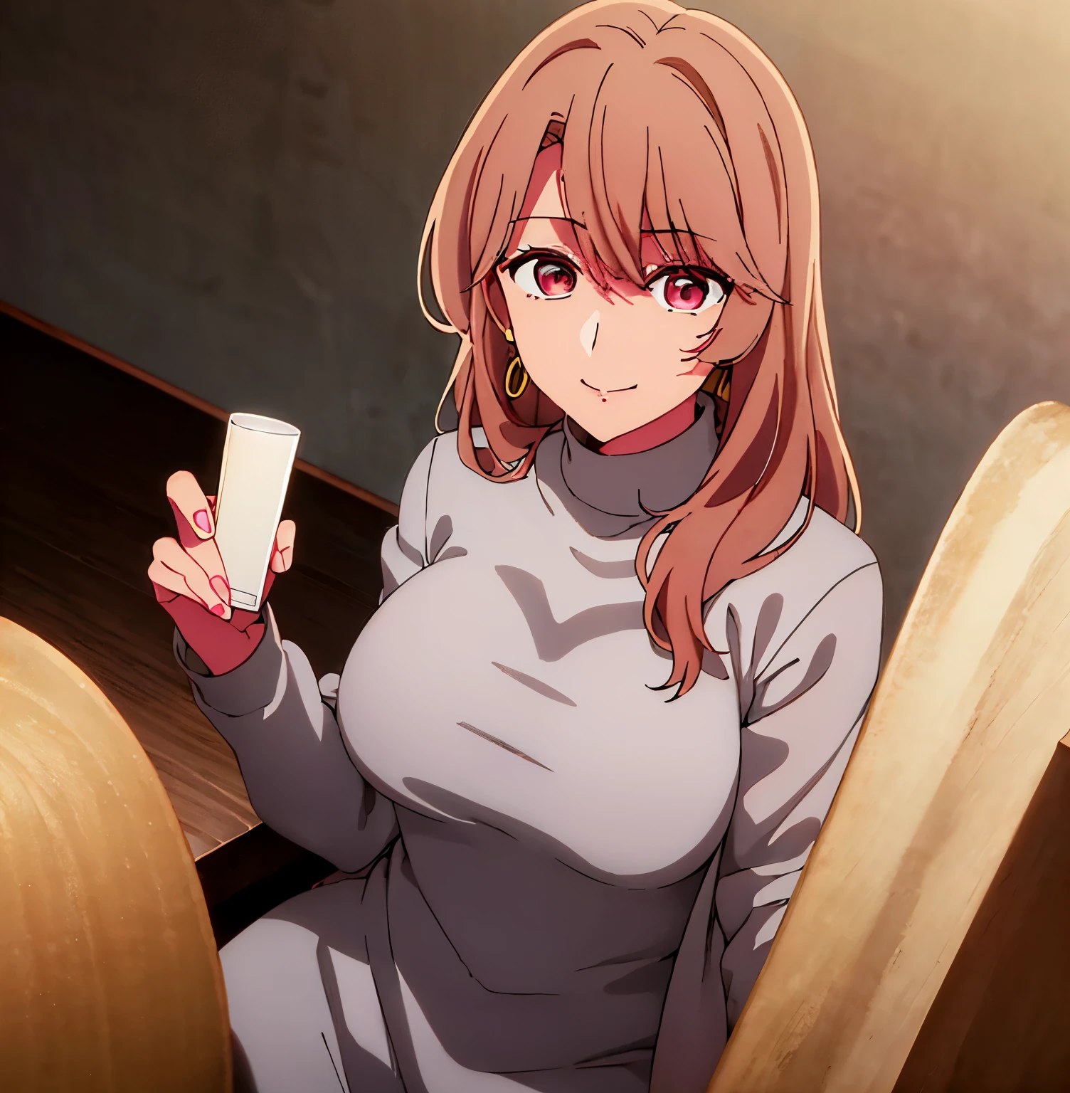 1 girl, alone, miyako saitou, beige sweater dress, beige virgin killer sweater, clothing cut, turtleneck, sleeveless, night, street, cowboy photo, standing, smile, bare arms, full body, sitting on the table, jewelry, collarbone, earrings, open_clothing, pink eyes, light brown hair, eyebrows_visible_through_hair, bangs, 1 girl, 20 years old, young woman, beautiful finger, beautiful long legs, beautiful body, beautiful nose, beautiful character design, perfect eyes, perfect face, expressive eyes, perfect balance, looking at viewer, (focusing on his face), closed mouth, (Inocente_grande_ojos:1.0), Luz_Sonrisa, Official art, Extremely detailed CG unity 8k wallpaper, perfect lighting, colorful, bright front lighting, shiny skin, (masterpiece: 1.0), (best_quality: 1.0), ultra-high resolution, 4k, ultra detailed, photography, 8k, HDR, high resolution, nonsense:1.2, Kodak portrait 400, grain film, blurred background, bokeh:1.2, Lens flare, (vibrant_color:1.2), professional photography, (beautiful, big_breasts: 1.4), (beautiful_face: 1.5), (narrow_waist), Wide hips, medium thighs, full body excellent anatomy , Excellent hands