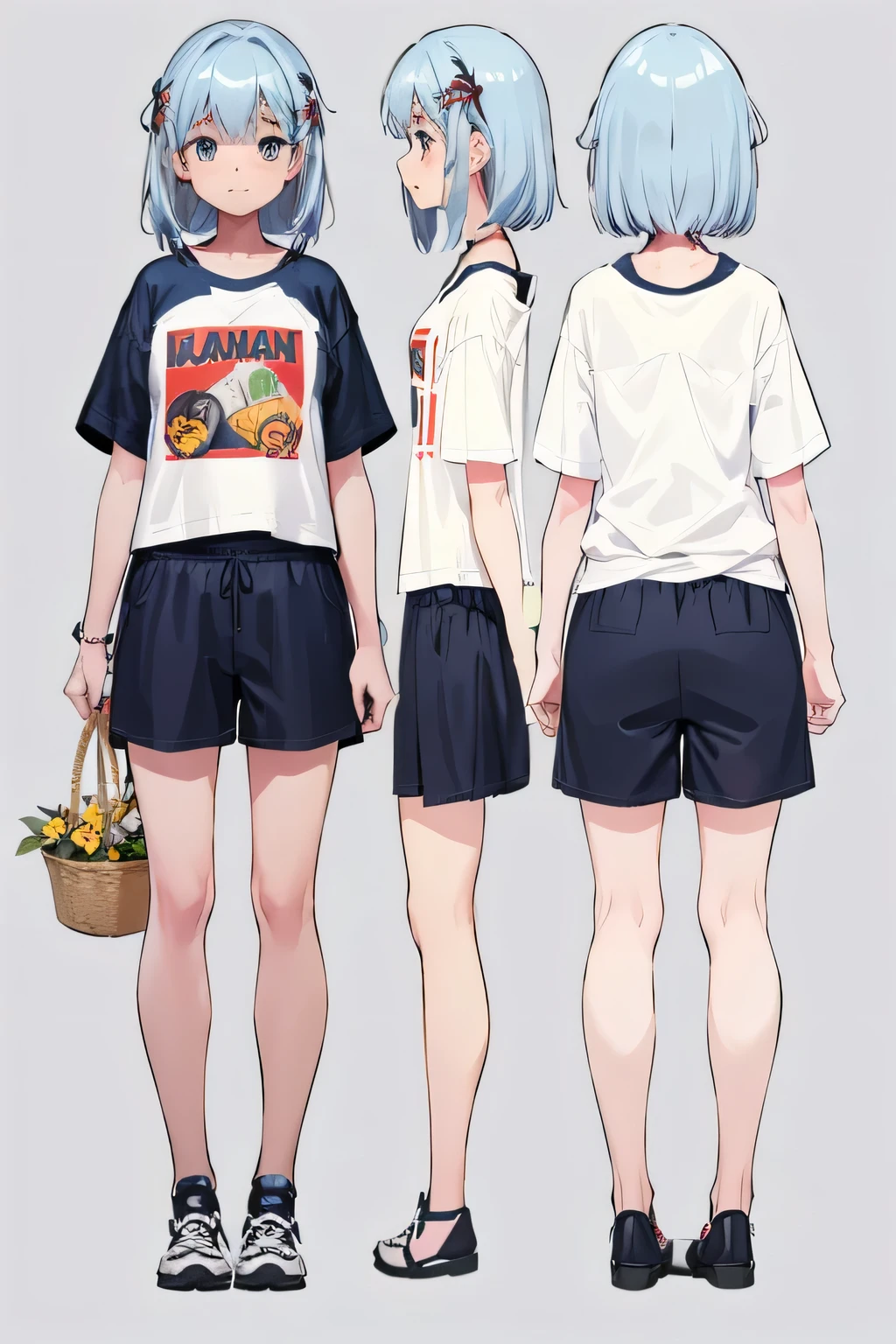 plusieurs vues, 1 , T-shirt, shorts, panier, Arrière-plan unique, fond blanc, tout le corps,