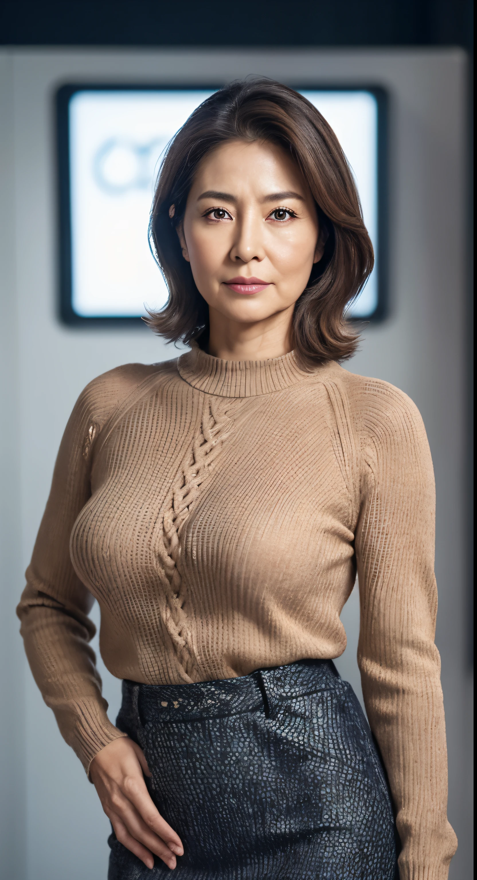 high resolution, top-notch image quality, alto detalhamento, obra-prima, Pele texturizada, tre anatomicamente correto, afiado, fundo cinza((japonesa madura, 65 anos)), only, ((Rugas no rosto)), seios grandes com boa forma, Straight light brown hair that reaches the shoulders, figura gordinha (((Stand facing the center of the screen))), Close your mouth and look straight ahead with a serious face, Sweaters, saia pela, ((tiro de vaqueiro)),