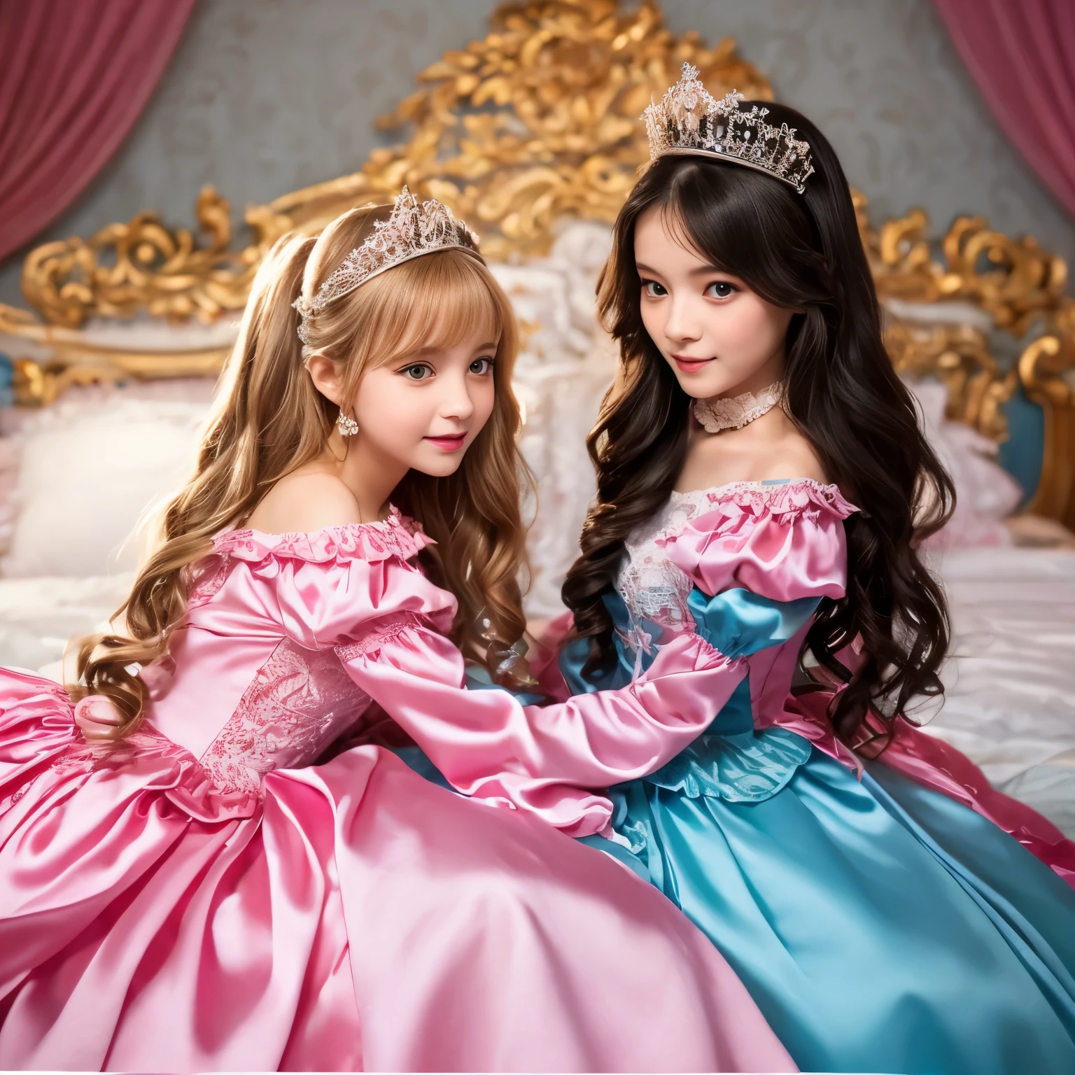 ,highest quality, masterpiece, highest resolution, artwork, super それにget used to it, many get used to it, get used to it, それにget used to it, 3K realistic photos,,((10 years old女の子)),Super detailed baby face,the two girls are princesses,Full length ball gown dress with hoop skirt,ruffled yoke collar,puff sleeves,long sleeve,((Lolita style hot pink detailed princess satin dress、Comes with lots of frills and ribbons。)),colorful rococo fashion,shiny satin dress,Soft and smooth fabric,luxury,long blonde hair,blue eyes,white skin european,pajamas,((inside the palace)),,,(( 10 years old)),Super detailed baby face,Full length ball gown dress with hoop skirt,long skirt,ruffled yoke collar,puff sleeves,腰まで伸びるlong blonde hair,blue eyes,white skin european,pajamas,((inside the palace bedroom)),シルクサテンのluxuryなcanopy bedの上,canopy bed,Luxurious curtains on both sides of the bed,many frilly pillows on the bed,super detailed background,Detailed bed,romantic atmosphere,two little princesses on the bed,Two people hugging each other,((((Both legs are hidden in the dress)))),the dress is spread out on the bed,soft silk satin comforter,soft silk satin ruffled pillow,Beautiful girl illustration,detailed beautiful face detailed hair,detailed human eye ,detailed mouth, arm details,fine hands,Detailed pillow,