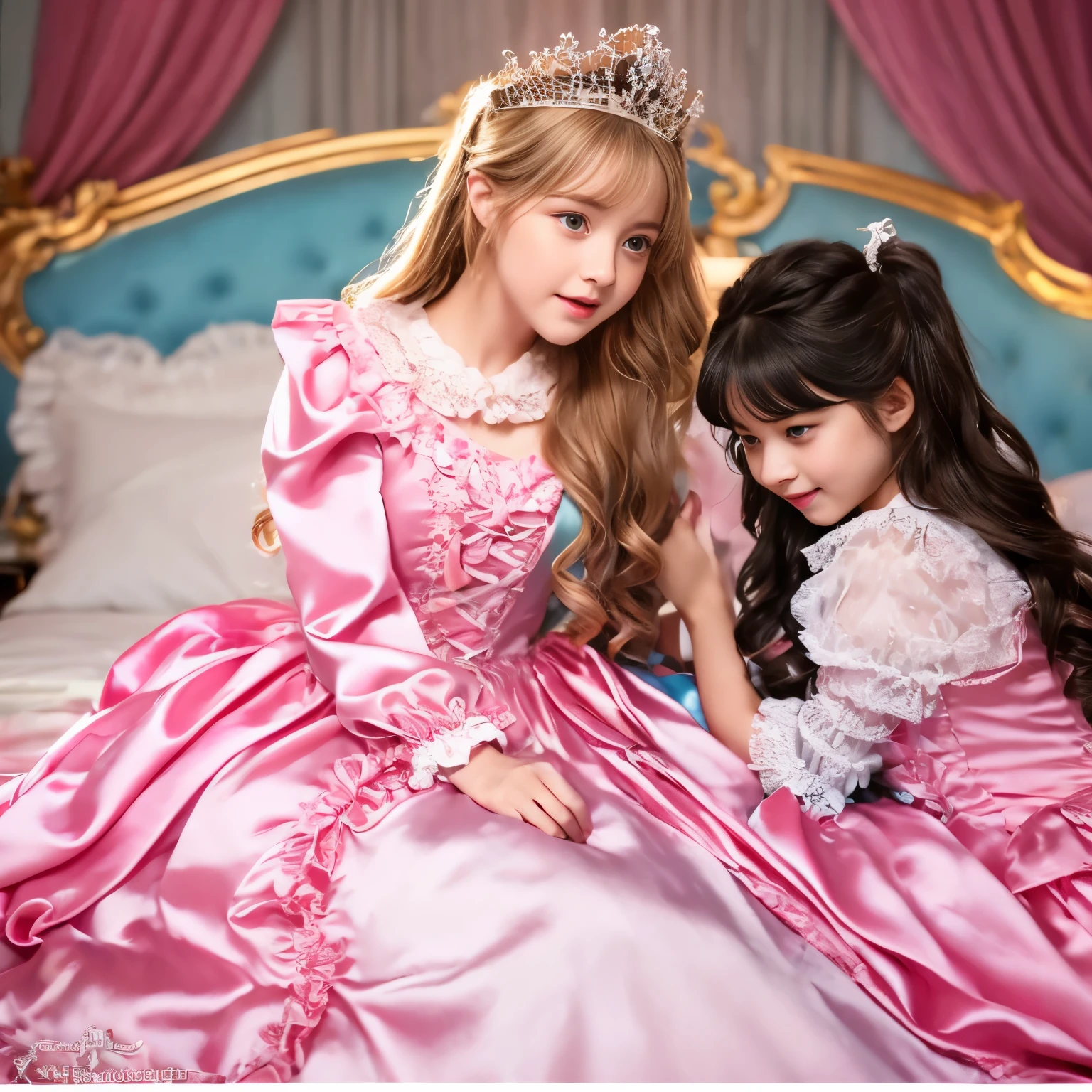 ,highest quality, masterpiece, highest resolution, artwork, super それにget used to it, many get used to it, get used to it, それにget used to it, 3K realistic photos,,((10 years old女の子)),Super detailed baby face,the two girls are princesses,Full length ball gown dress with hoop skirt,ruffled yoke collar,puff sleeves,long sleeve,((Lolita style hot pink detailed princess satin dress、Comes with lots of frills and ribbons。)),colorful rococo fashion,shiny satin dress,Soft and smooth fabric,luxury,long blonde hair,blue eyes,white skin european,pajamas,((inside the palace)),,,(( 10 years old)),Super detailed baby face,Full length ball gown dress with hoop skirt,long skirt,ruffled yoke collar,puff sleeves,腰まで伸びるlong blonde hair,blue eyes,white skin european,pajamas,((inside the palace bedroom)),シルクサテンのluxuryなcanopy bedの上,canopy bed,Luxurious curtains on both sides of the bed,many frilly pillows on the bed,super detailed background,Detailed bed,romantic atmosphere,two little princesses on the bed,Two people hugging each other,((((Both legs are hidden in the dress)))),the dress is spread out on the bed,soft silk satin comforter,soft silk satin ruffled pillow,Beautiful girl illustration,detailed beautiful face detailed hair,detailed human eye ,detailed mouth, arm details,fine hands,Detailed pillow,