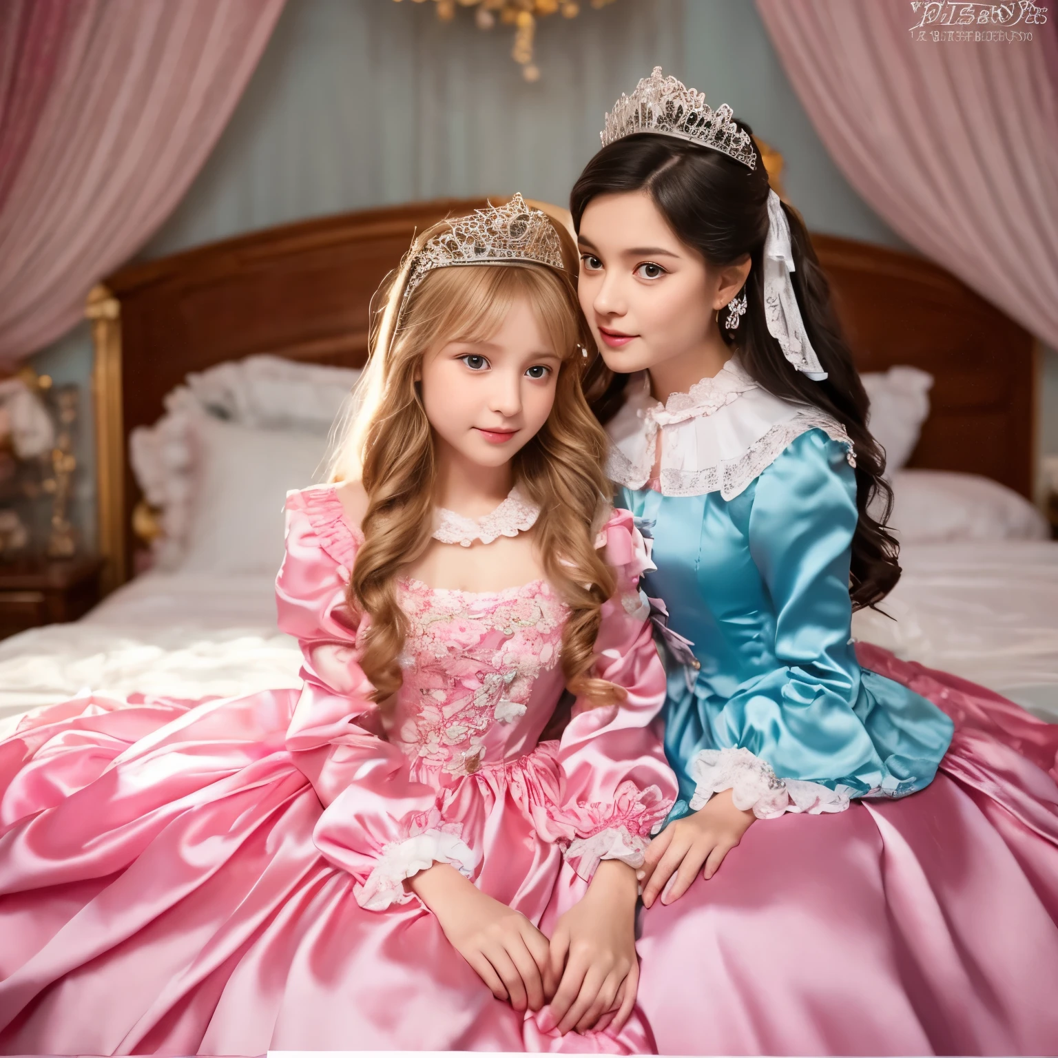 ,highest quality, masterpiece, highest resolution, artwork, super それにget used to it, many get used to it, get used to it, それにget used to it, 3K realistic photos,,((女の子)),Super detailed baby face,the two girls are princesses,Full length ball gown dress with hoop skirt,ruffle yoke collar,puff sleeves,long sleeve,((Lolita style pink detailed princess satin dress、Comes with lots of frills and ribbons。)),colorful rococo fashion,shiny satin dress,Soft and smooth fabric,luxury,long blonde hair,blue eyes,white skin european,pajamas,((inside the palace)),,,(( 10 years old)),Sd baby face,Full length ball gown dress with hoop skirt,long skirt,ruffle yoke collar,puff sleeves,腰まで伸びるlong blonde hair,blue eyes,white skin european,pajamas,((inside the palace bedroom)),シルクサテンのluxuryなcanopy bedの上,canopy bed,Luxurious curtains on both sides of the bed,many frilly pillows on the bed,super detailed background,Detailed bed,romantic atmosphere,two little princesses on the bed,Two people hugging each other,((((Both legs are hidden in the dress)))),the dress is spread out on the bed,soft silk satin comforter,soft silk satin ruffled pillow,Beautiful girl illustration,detailed beautiful face detailed hair,detailed human eye ,detailed mouth, arm details,fine hands,Detailed pillow,