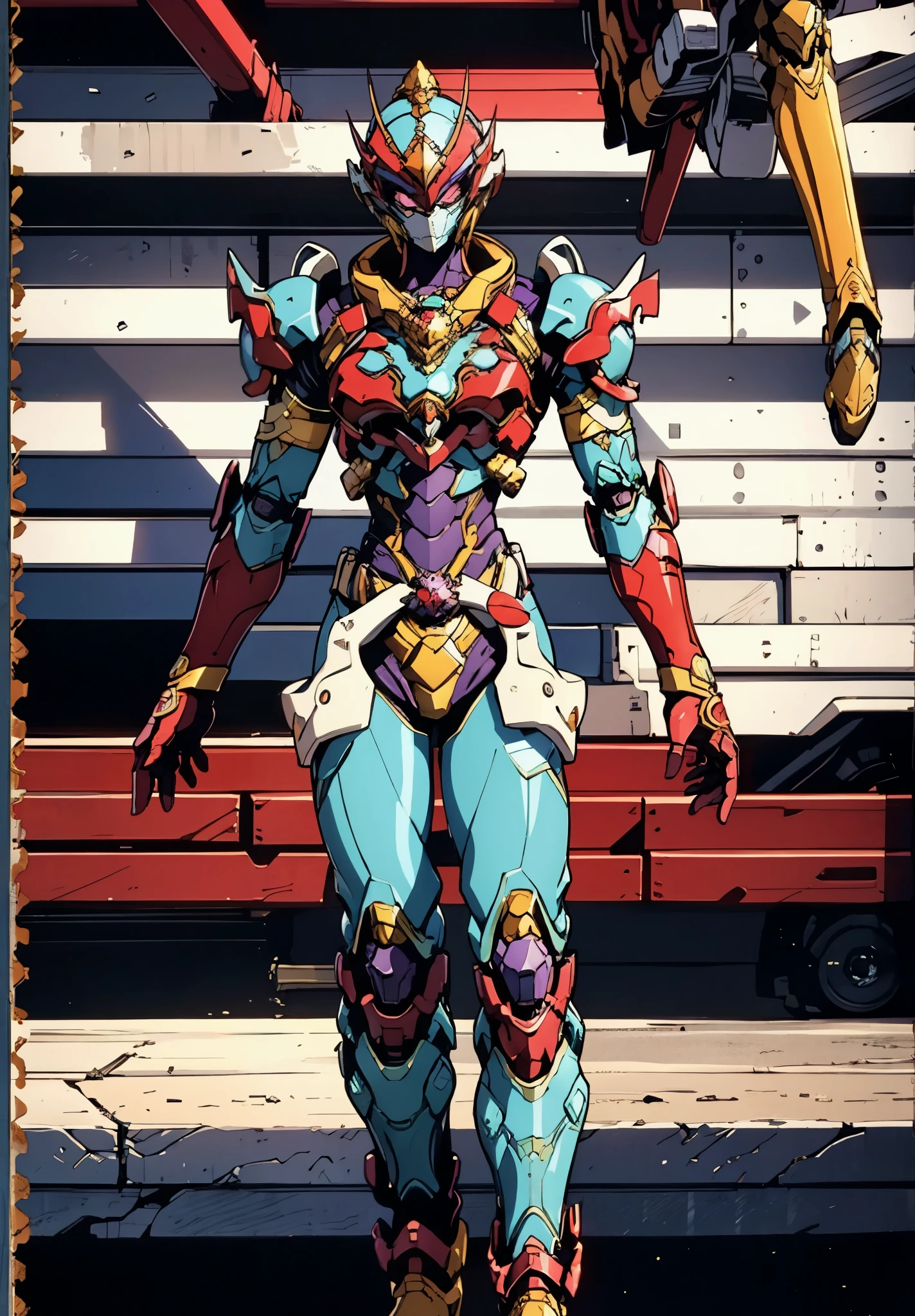 A woman adorned in fantasy-style full-body armor, a crown-concept fully enclosed helmet that unveils only her eyes, a composite layered chest plate, fully encompassing shoulder and hand guards, a lightweight waist armor, form-fitting shin guards, the overall design is heavy-duty yet flexible, the armor gleams with a golden glow, complemented by red and blue accents, exhibiting a noble aura, she floats above a fantasy-surreal high-tech city, this character embodies a finely crafted fantasy-surreal style armored hero in anime style, exquisite and mature manga art style, goddess, femminine, long legs, metallic, elegant, high definition, best quality, highres, ultra-detailed, ultra-fine painting, extremely delicate, professional, anatomically correct, symmetrical face, extremely detailed eyes and face, high quality eyes, creativity, RAW photo, UHD, 32k, Natural light, cinematic lighting, masterpiece-anatomy-perfect, masterpiece:1.5