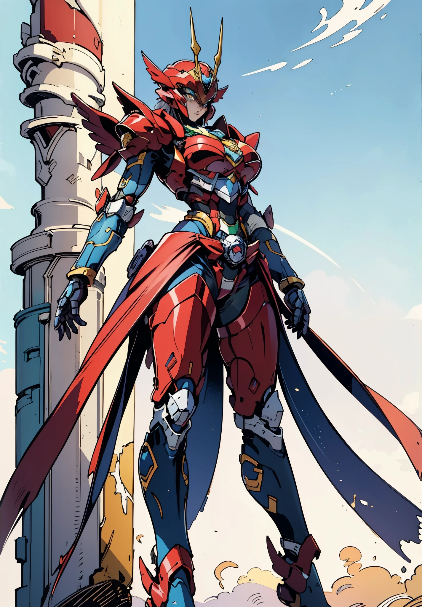 A woman adorned in fantasy-style full-body armor, a crown-concept fully enclosed helmet that unveils only her eyes, a composite layered chest plate, fully encompassing shoulder and hand guards, a lightweight waist armor, form-fitting shin guards, the overall design is heavy-duty yet flexible, the armor gleams with a golden glow, complemented by red and blue accents, exhibiting a noble aura, she floats above a fantasy-surreal high-tech city, this character embodies a finely crafted fantasy-surreal style armored hero in anime style, exquisite and mature manga art style, goddess, femminine, long legs, metallic, elegant, high definition, best quality, highres, ultra-detailed, ultra-fine painting, extremely delicate, professional, anatomically correct, symmetrical face, extremely detailed eyes and face, high quality eyes, creativity, RAW photo, UHD, 32k, Natural light, cinematic lighting, masterpiece-anatomy-perfect, masterpiece:1.5