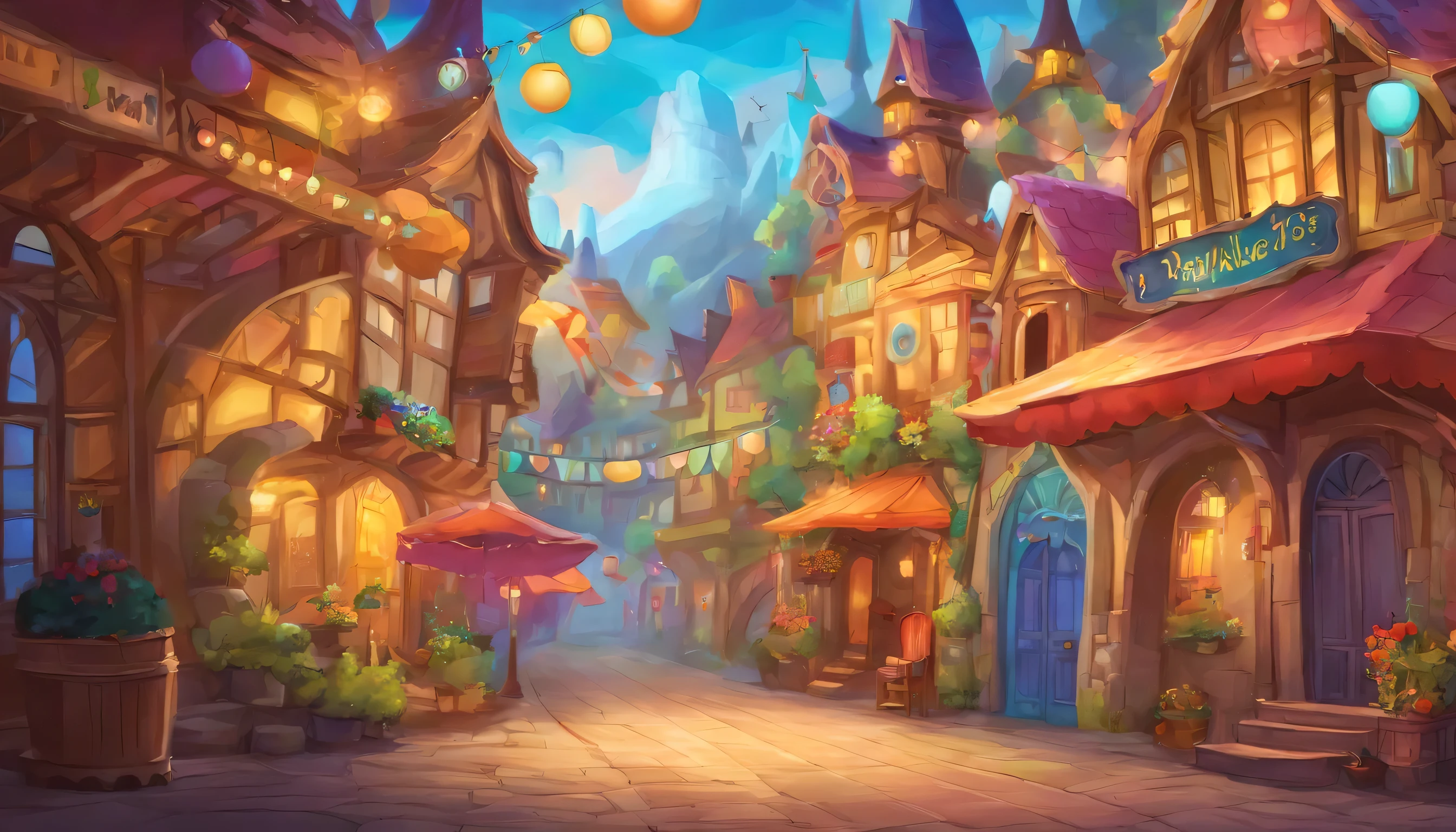 Puppetville is a charming town with colorful buildings and friendly puppet characters. The theater is a magical place with bright lights, inviting curtains, and a lively atmosphere. Imaginative decorations like oversized buttons and giant fabric flowers adorn the town, creating a whimsical setting.
