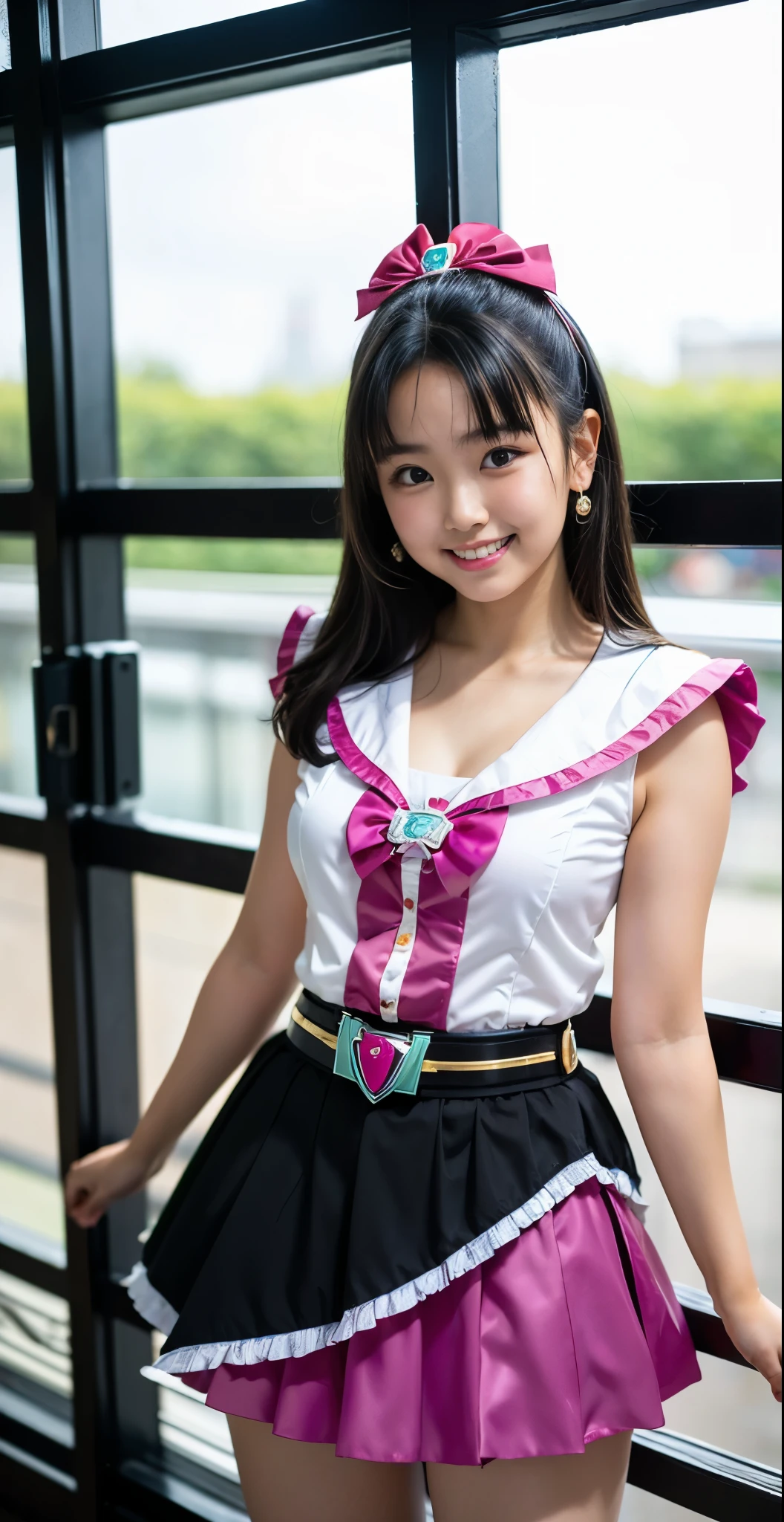 （8K、Raw photography、highest quality、masterpiece：1.2),(black hair:1.7),show viewer,Looking at the front,(super sentai series、She is wearing a colorful PreCure series costume...:1.6)、(Clothing that emphasizes the shape of your chest:1.1)、(big breasts :1.1)、slim body shape、ultra high resolution,beautiful,beautiful fece,(alone, alone、no background:1.9),whole bodyボディー,、(black eye、japanese woman: 1.3),（Photoreal：1.37）、photon mapping,reality、(Cute with a baby face: 1.3)、(cute smile: 1.7)、(With a round face: 1.8)、radio city、Physically based rendering、depth of field rally background、photograph, (I can see your knees,close up of thighs、skirt is too short、spread your legs、showing off white panties:1.1),whole body、super fine