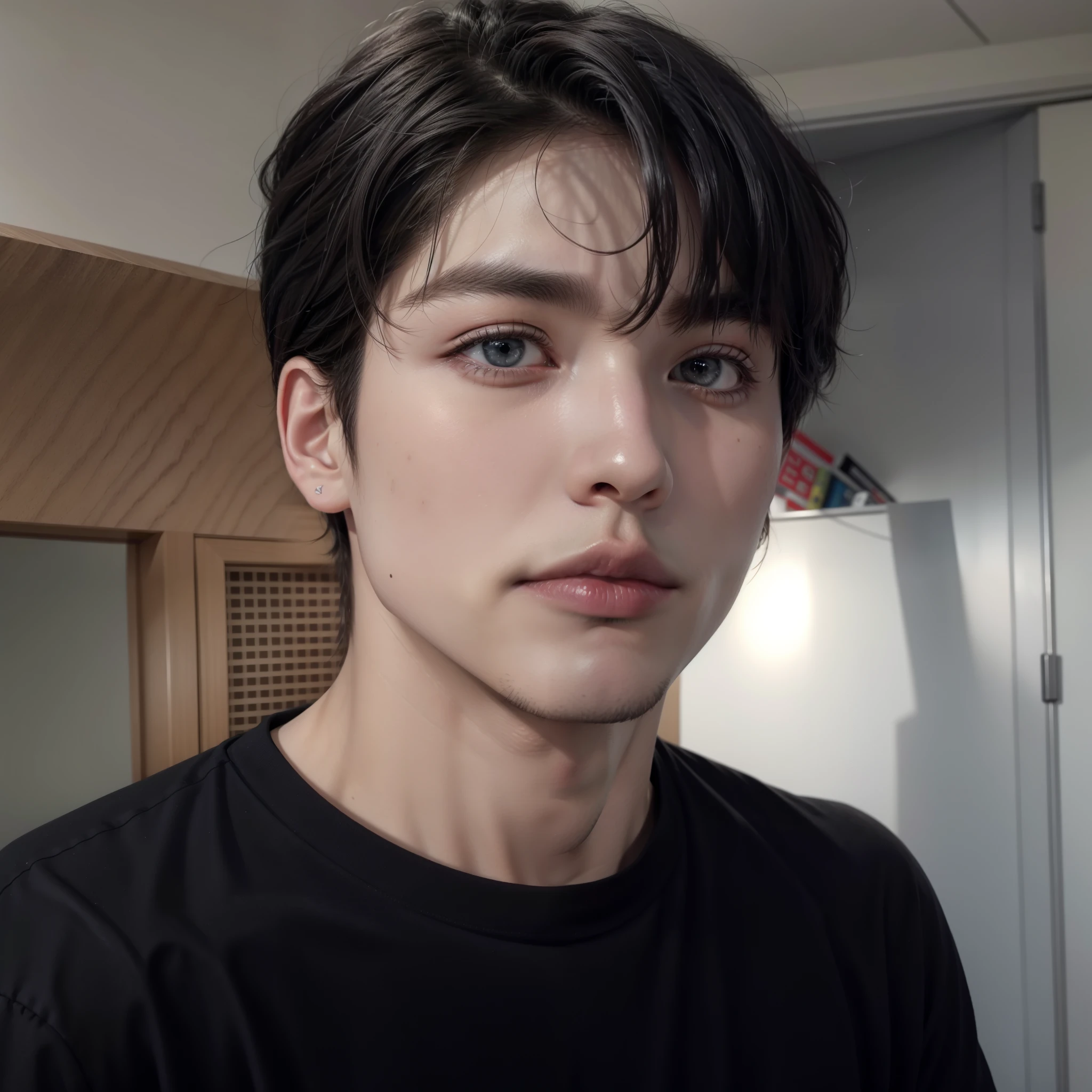There is a man standing in a room wearing a black shirt., jungkook, Jimin\his right eyelid is swollen, Jimin\los labios carnosos, pale korean adorable face, Jimin\la nariz griega, TaeJune Kim, hyung tae, hombre surcoreano, xqc, yoongi de pelo negro, cai xukun, he wears a black t-shirt