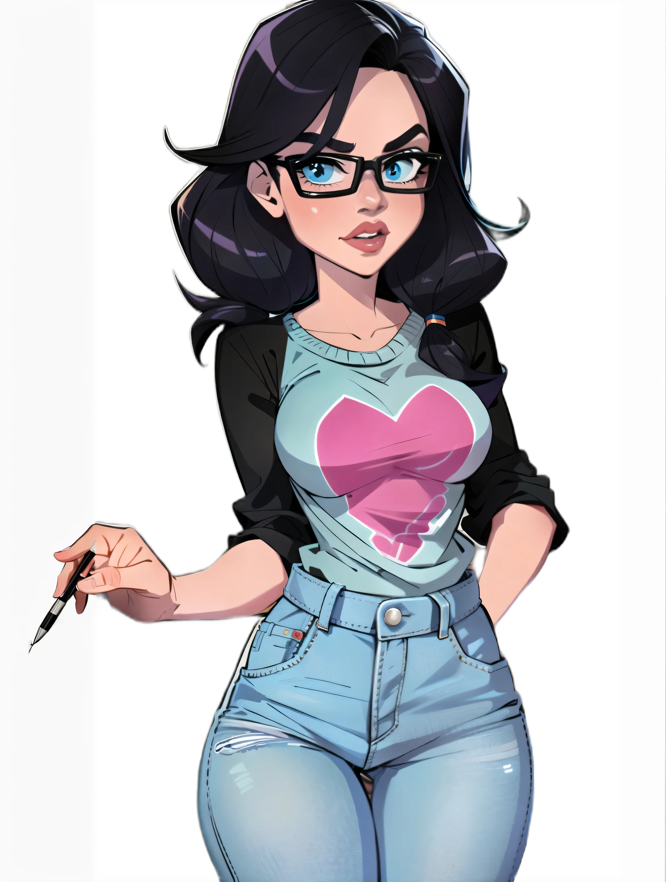Karikatur einer Frau in einem schwarzen Top und blauen Jeans, Loischer Kunststil, Cartoon-Kunststil, Lois van Baarle und Rossdraws, Cartoon-Kunststil, loish |, Artgerm und Lois van Baarle, im Stil der digitalen Illustration, Nahaufnahme der Charakterkunst, Illustration im Cartoon-Stil, digitale 2D-Illustration, Cel-Shaded-Kunststil, wearing a sweater, Trinkt Tee