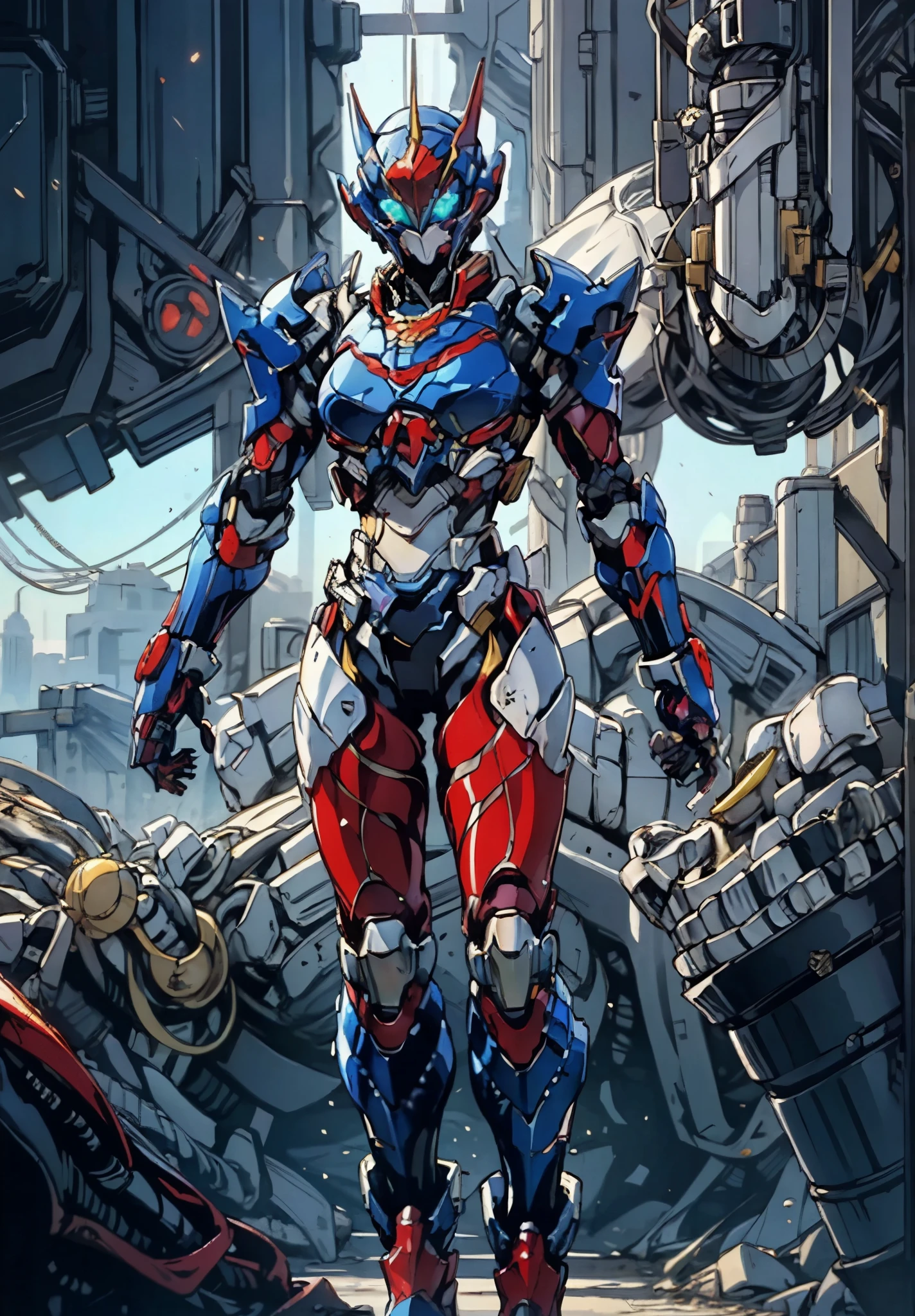 A woman adorned in fantasy-style full-body armor, a crown-concept fully enclosed helmet that unveils only her eyes, a composite layered chest plate, fully encompassing shoulder and hand guards, a lightweight waist armor, form-fitting shin guards, the overall design is heavy-duty yet flexible, the armor gleams with a golden glow, complemented by red and blue accents, exhibiting a noble aura, she floats above a fantasy-surreal high-tech city, this character embodies a finely crafted fantasy-surreal style armored hero in anime style, exquisite and mature manga art style, goddess, femminine, long legs, metallic, elegant, high definition, best quality, highres, ultra-detailed, ultra-fine painting, extremely delicate, professional, anatomically correct, symmetrical face, extremely detailed eyes and face, high quality eyes, creativity, RAW photo, UHD, 32k, Natural light, cinematic lighting, masterpiece-anatomy-perfect, masterpiece:1.5