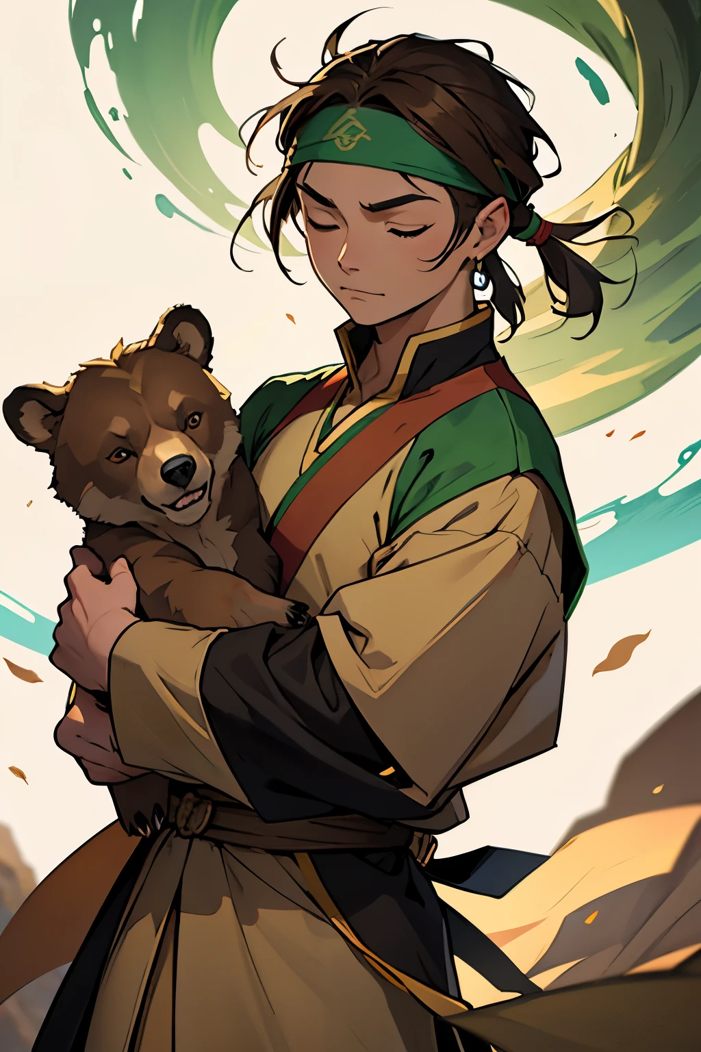 8k, Avatar: The Last Airbender-style photo, 17-year-old teenager, wearing a medieval Chinese-style tunic in brown, green, and beige colors, fabric earrings in both ears, a headband in brown, green, and beige colors, tied brown hair, closed eyes, a bear cub on his shoulder, floating stones around, fighting against a bandit