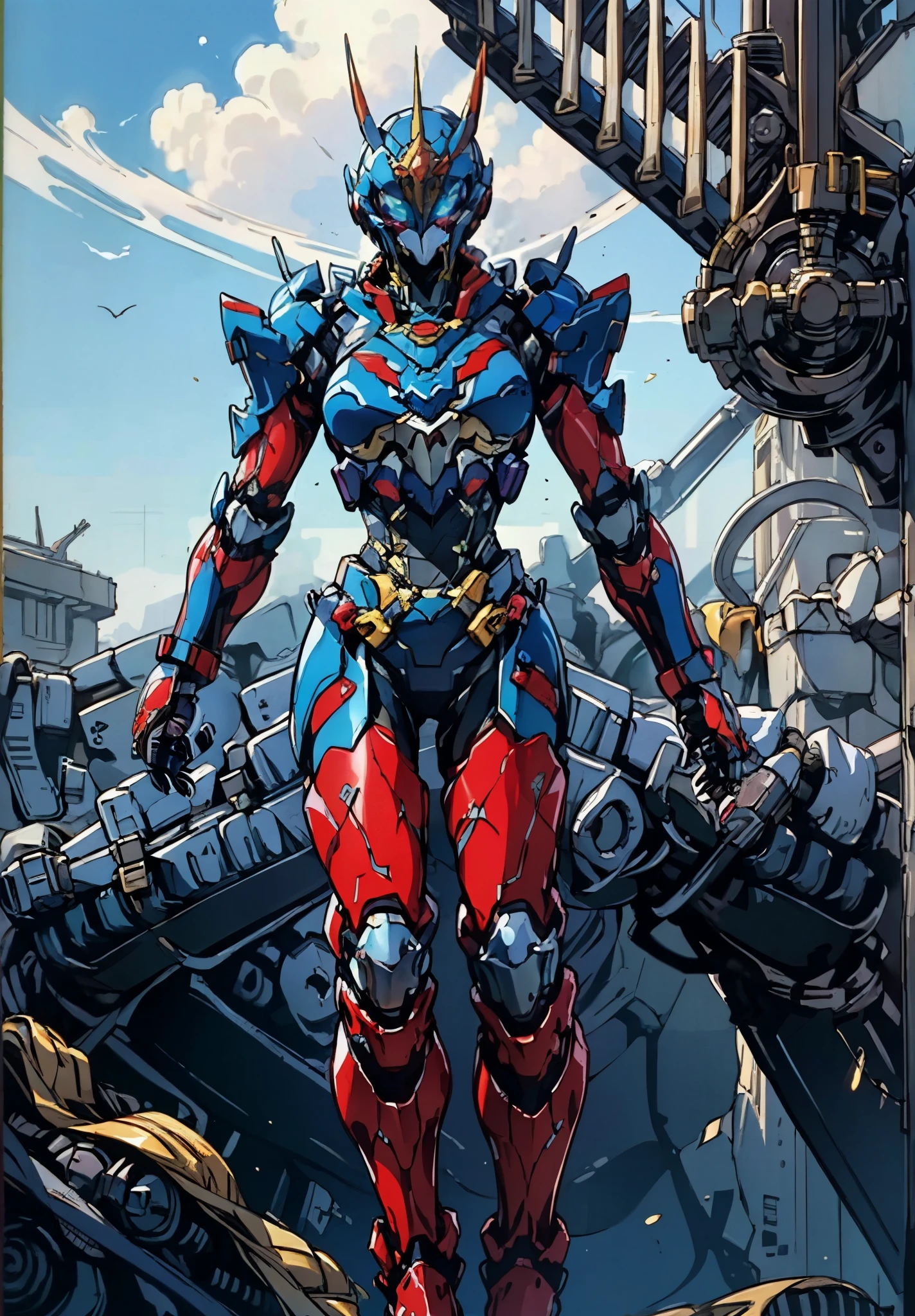 A woman adorned in fantasy-style full-body armor, a crown-concept fully enclosed helmet that unveils only her eyes, a composite layered chest plate, fully encompassing shoulder and hand guards, a lightweight waist armor, form-fitting shin guards, the overall design is heavy-duty yet flexible, the armor gleams with a golden glow, complemented by red and blue accents, exhibiting a noble aura, she floats above a fantasy-surreal high-tech city, this character embodies a finely crafted fantasy-surreal style armored hero in anime style, exquisite and mature manga art style, goddess, femminine, long legs, metallic, elegant, high definition, best quality, highres, ultra-detailed, ultra-fine painting, extremely delicate, professional, anatomically correct, symmetrical face, extremely detailed eyes and face, high quality eyes, creativity, RAW photo, UHD, 32k, Natural light, cinematic lighting, masterpiece-anatomy-perfect, masterpiece:1.5