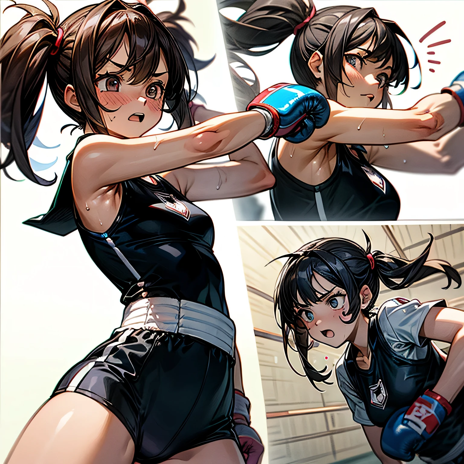 split screen illustration. Split screen lines are also drawn. A female student in the boxing club unconsciously hits a punching bag during an after-school club activity.. He doesn't seem to care about the sweat splashing on his face and has a serious expression on his face.。. Hair is short twintails, He is wearing a cool rash guard with the school emblem on it and long black spats.。. The illustration is、It depicts her practice from different angles and stages.。