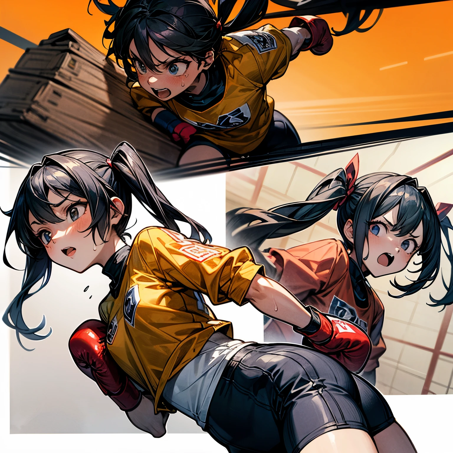 Illustration of a split screen. The lines of the split screen are also drawn. A girl from the boxing club is mindlessly hitting a sandbag during an after-school club activity. She has a serious expression on her face and does not seem to be concerned about the sweat splattered on her face. Her hair is in short twin-tails, and she wears a cool rash guard with the school emblem and long black spats. The illustration depicts her practicing from several angles and phases