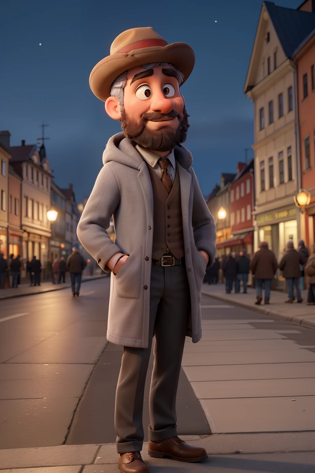 ((best quality)), ((masterpiece)), (detailed), young man with hat and grey hair and beard going down a street in bergen at night winter